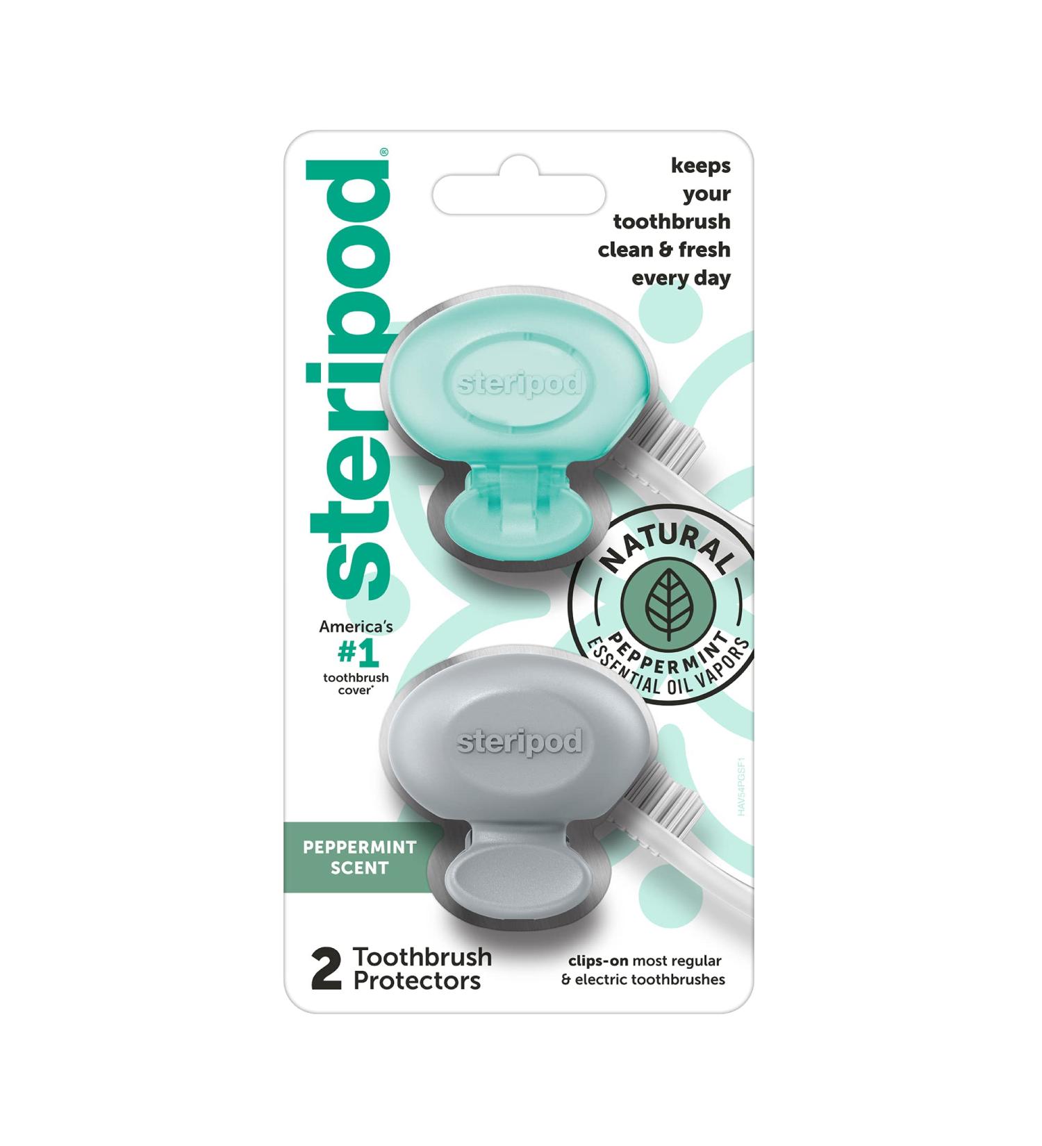 Steripod Clip-On Toothbrush Protector 2 Pack - Peppermint Essential Oils, Fits Most Manual & Electric Toothbrushes, Keeps Toothbrush Fresh & Clean (Teal/Grey) - Buy Online on GoSupps.com