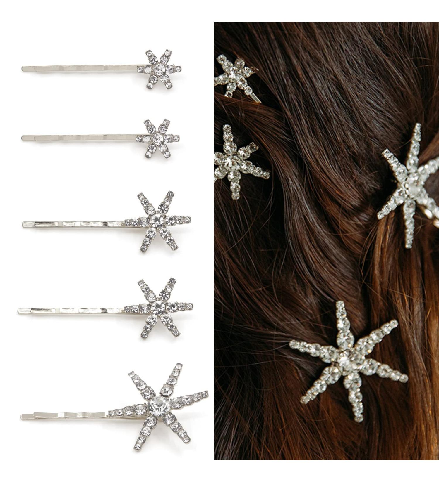Silver Snowflake Crystal Rhinestone Hair Bobby Pins - 5 PCS | Holiday Wedding Hair Accessories - Buy Online on GoSupps.com