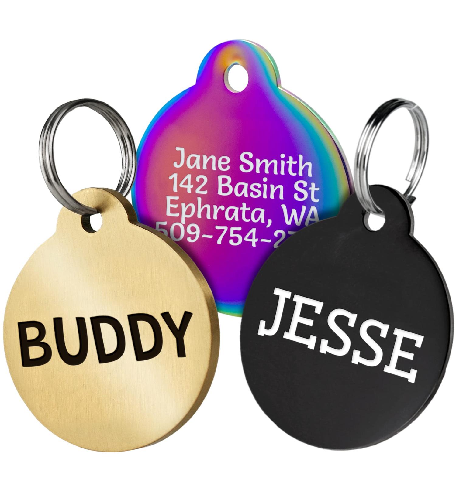 Personalized Rainbow Steel, Black Steel, or Brass Dog Tags - Custom Engraved for Dogs and Cats - Buy Online on GoSupps.com