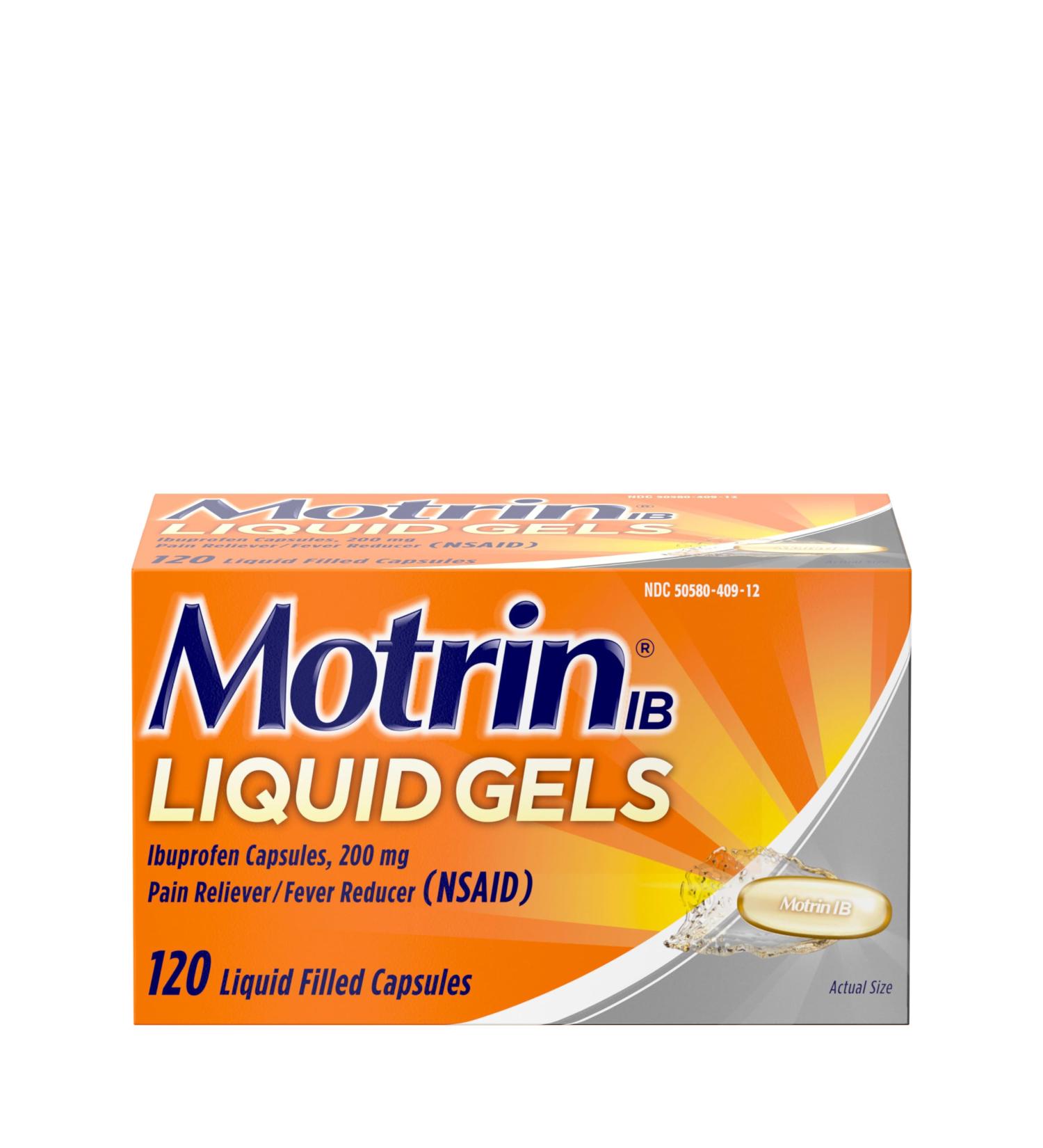Motrin IB Liquid Gels with 200mg Ibuprofen per Caplet, Pain Reliever & Fever Reducer for Adults, Relief from Minor Arthritis Pain, Muscle Aches, Headache, Menstrual Cramps & Backache, 120 ct 120 Count (Pack of 1) - Buy Online on GoSupps.com