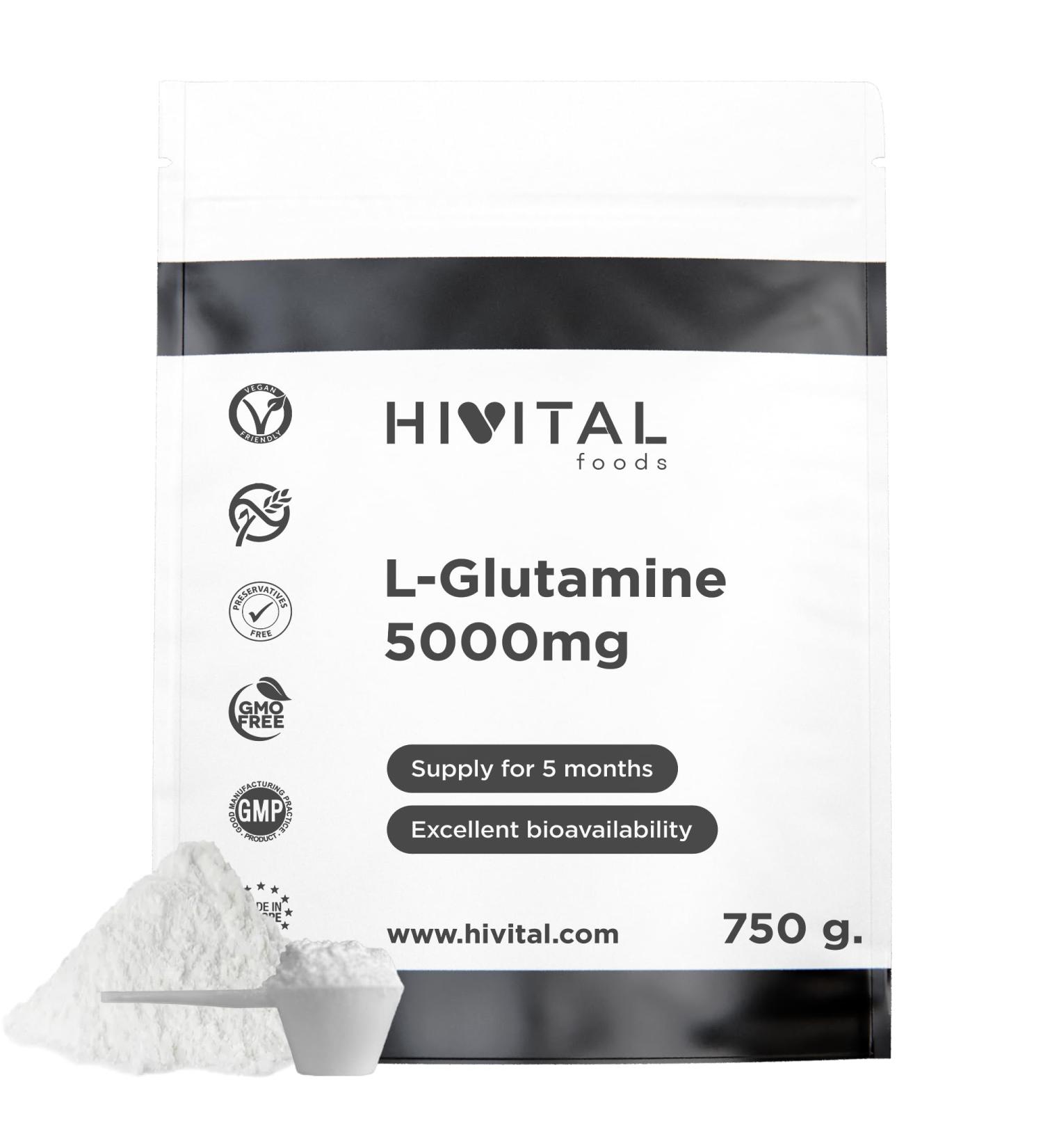 L-Glutamine 5000 mg for 5 months. 750 g of Amino Acid Glutamine 100% Vegan Powdered and Flavorless to support the digestive muscular nervous and cardiovascular systems. - Buy Online on GoSupps.com