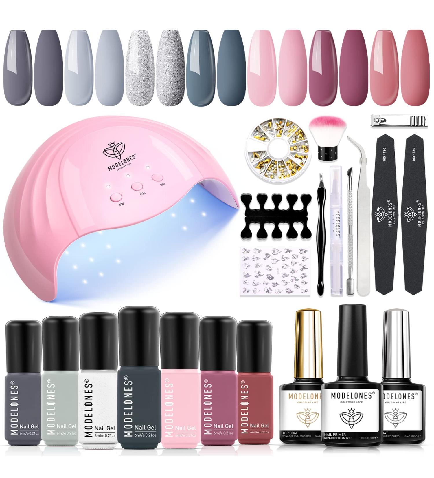 Modelones Gel Nail Kit with 48W LED Light - 7 Color Gel Nail Polish Set - Starter Kit for Gel Manicure - Fashionable Grey Set - Buy Online on GoSupps.com