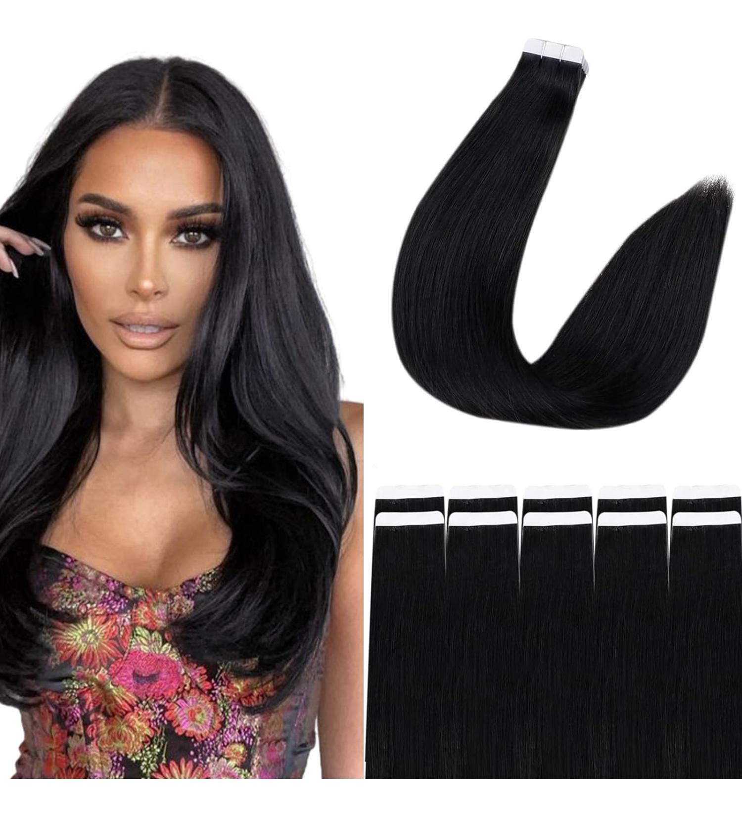 Runature Virgin Real Hair Tape In Extensions - Black Remy 50cm (20 Inch) 25g - Natural Look #1 Stucco Color - Buy Online on GoSupps.com