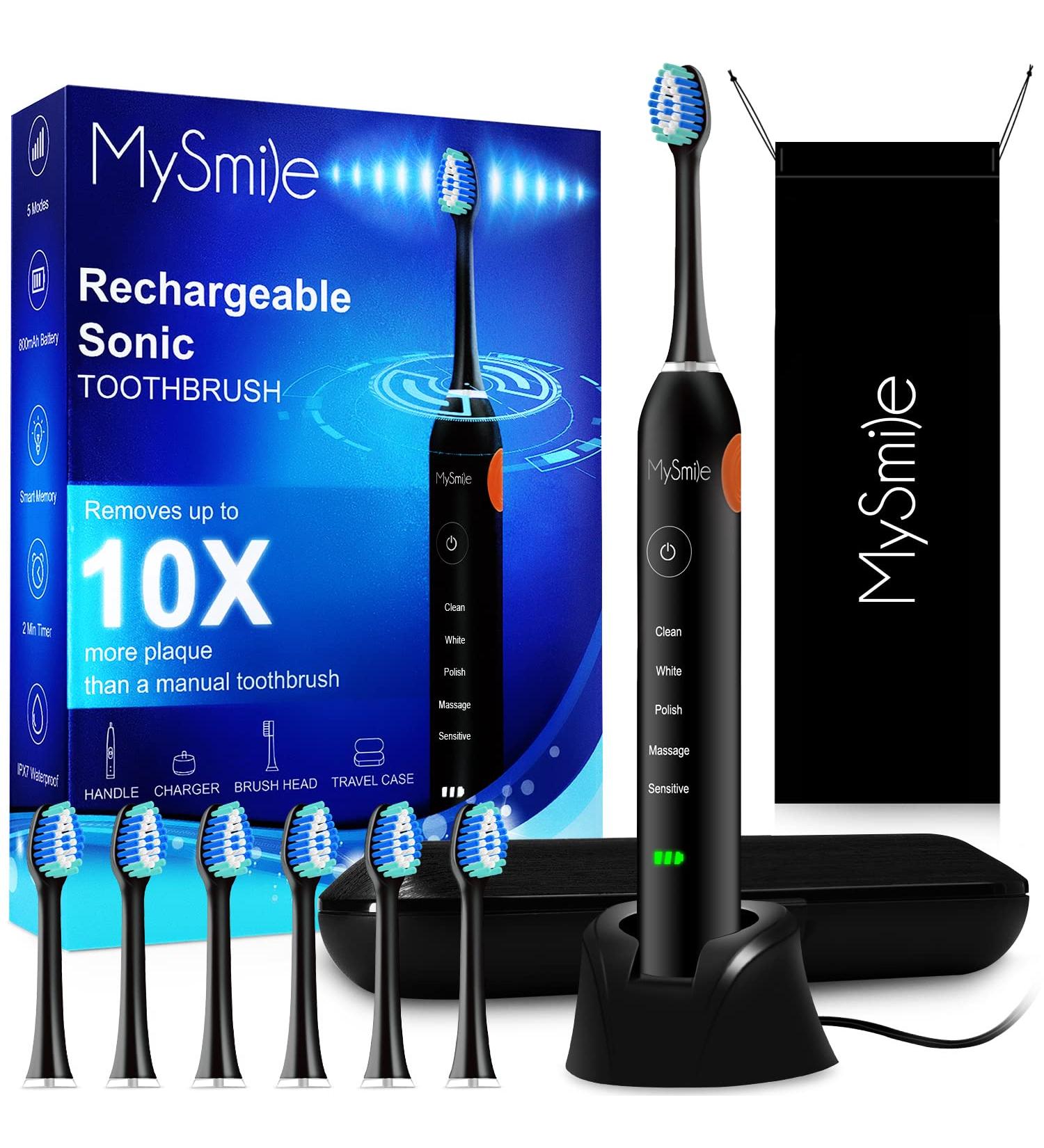 MySmile Electric Toothbrush for Adults - Rechargeable Sonic Toothbrush with 6 Brush Heads & Travel Case - 5 Modes Timer - 48000VPM - Black - Buy Online on GoSupps.com