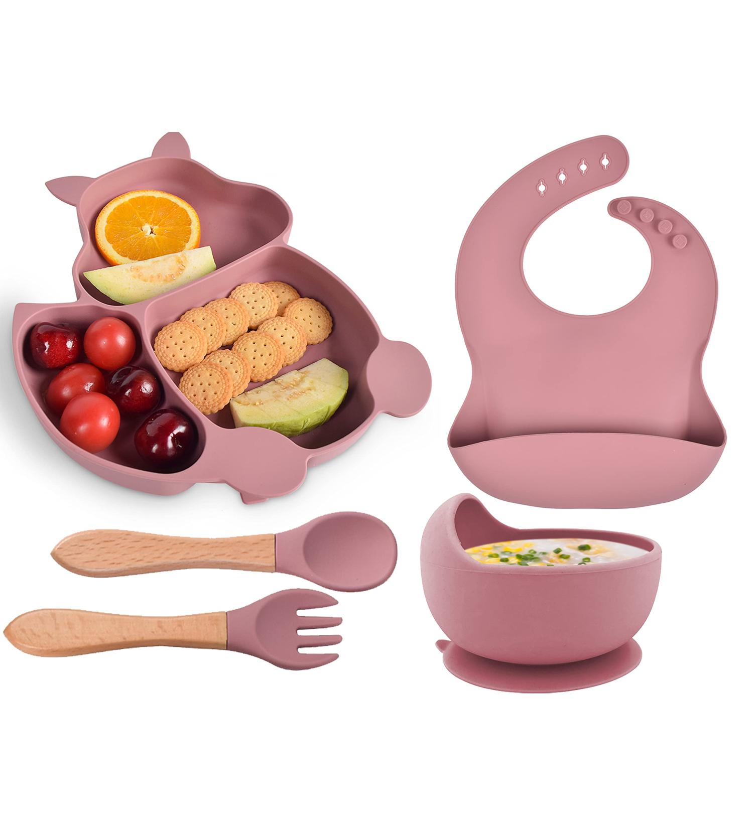 Hoseay Baby Weaning Set 5 in 1 | Silicone Suction Plate, Bowl, Spoon, Fork, Bibs | Pink Squirrel Design | Toddler Feeding Essentials - Buy Online on GoSupps.com