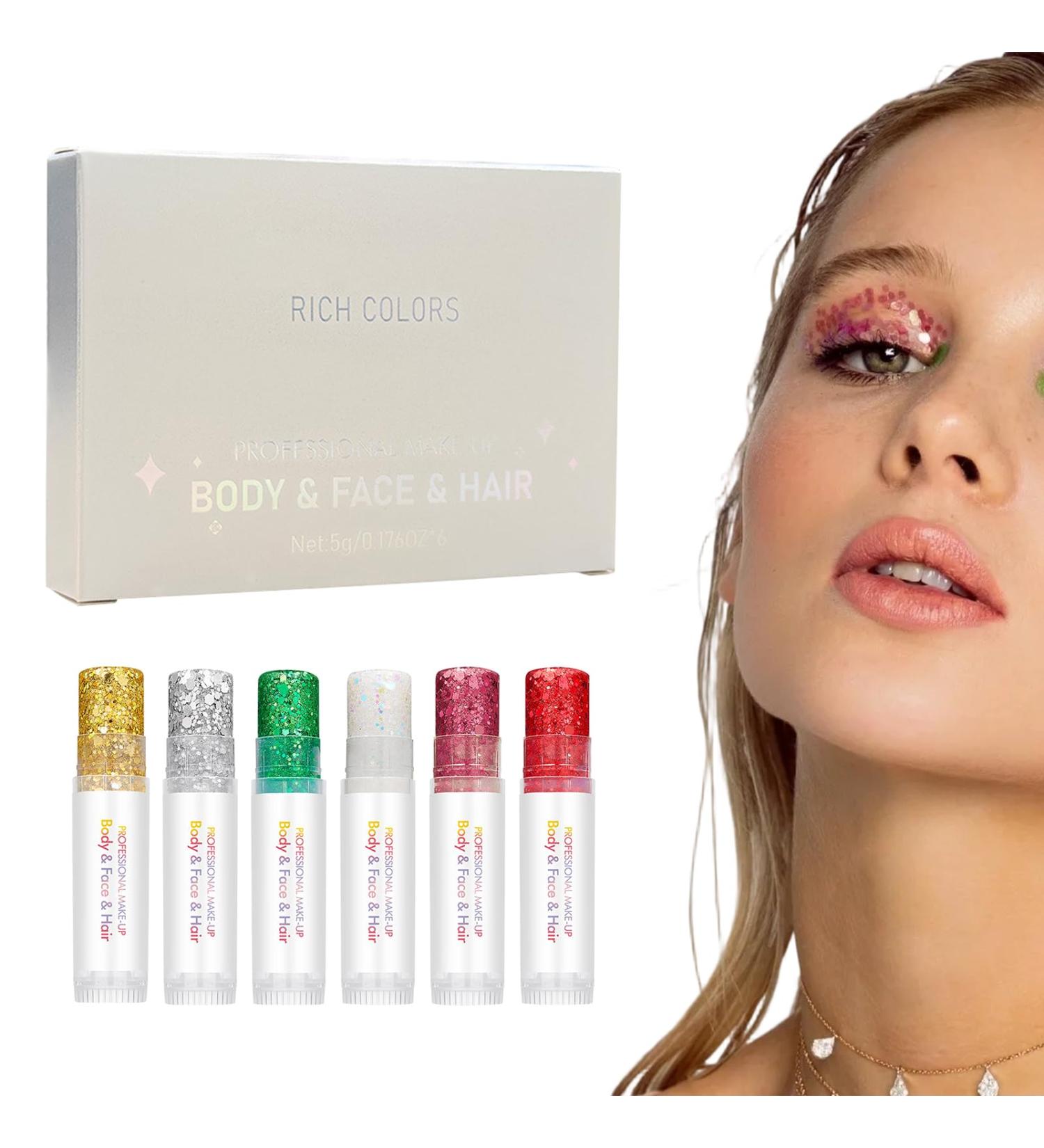Glitter Face Gel - 6 Color Makeup Stick - Glitter Makeup For Festivals Concerts Parties Carnivals Musical Events Fairy Tale Themes