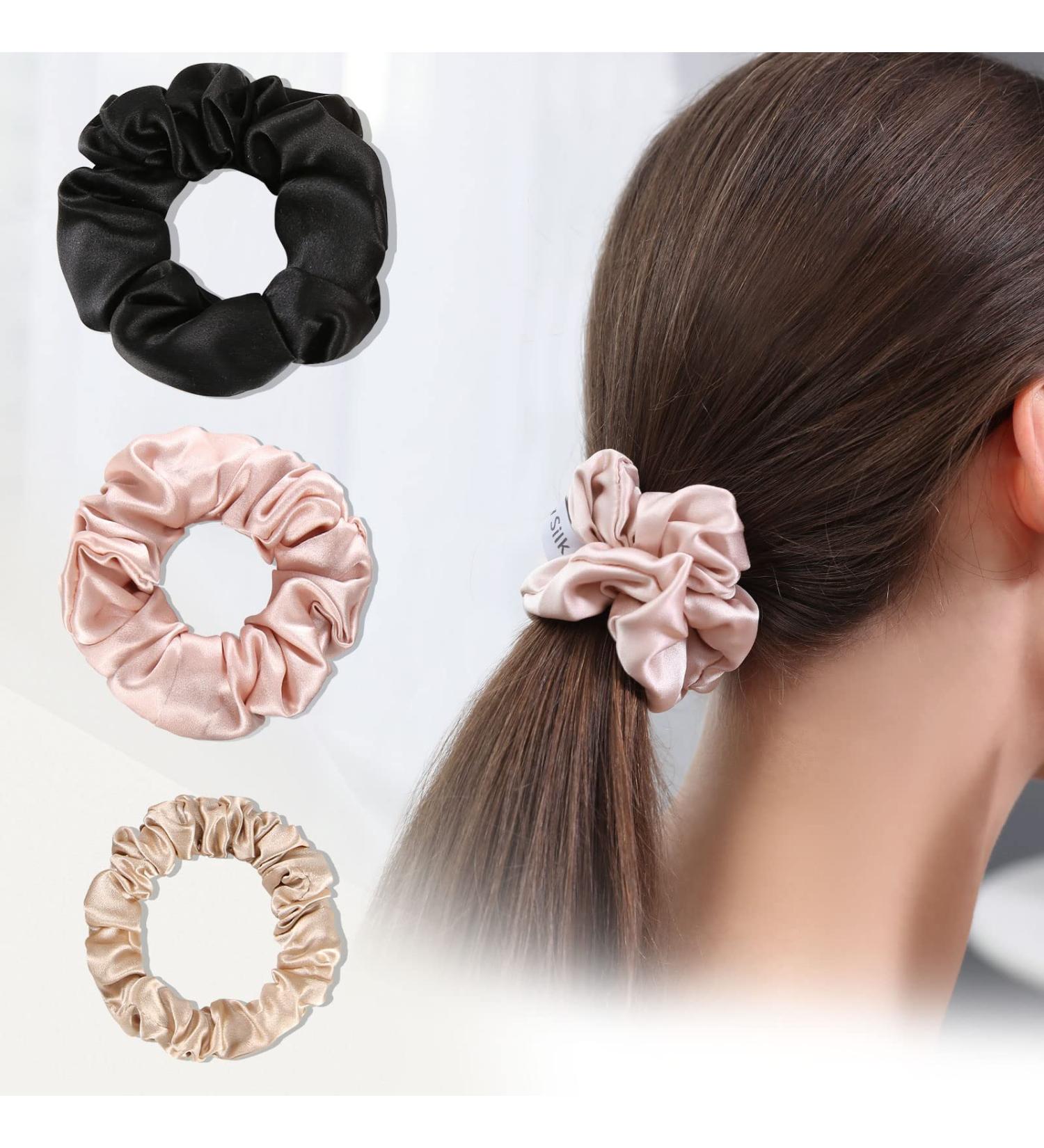 DaisySilk 22 Momme Mulberry Silk Scrunchies - 3 Pack Hair Ties for Frizz Prevention - Thick Silk Scrunchies for Women - Valentine's Day Gift - Black, Pink, Champagne - Buy Online on GoSupps.com