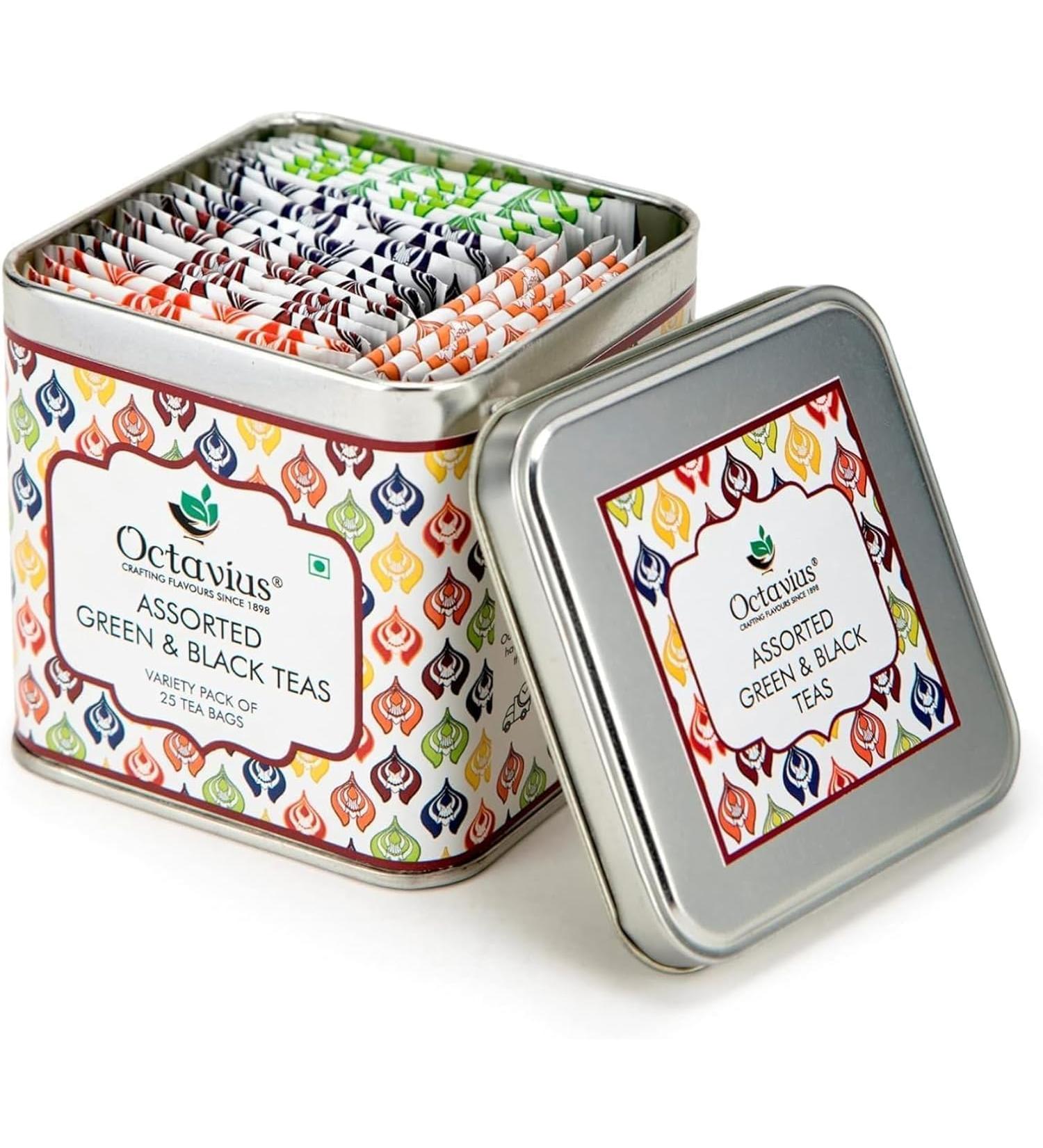 Octavius | Assorted Tea Bag Sampler Gift Set - 6 Tea Flavors | 150 Counts - Black & Green Tea | Tea Sampler Pack | Tea Set Gift | Pack of 6 Black & Green Tea - 25TB (Pack of 6) - Buy Online on GoSupps.com
