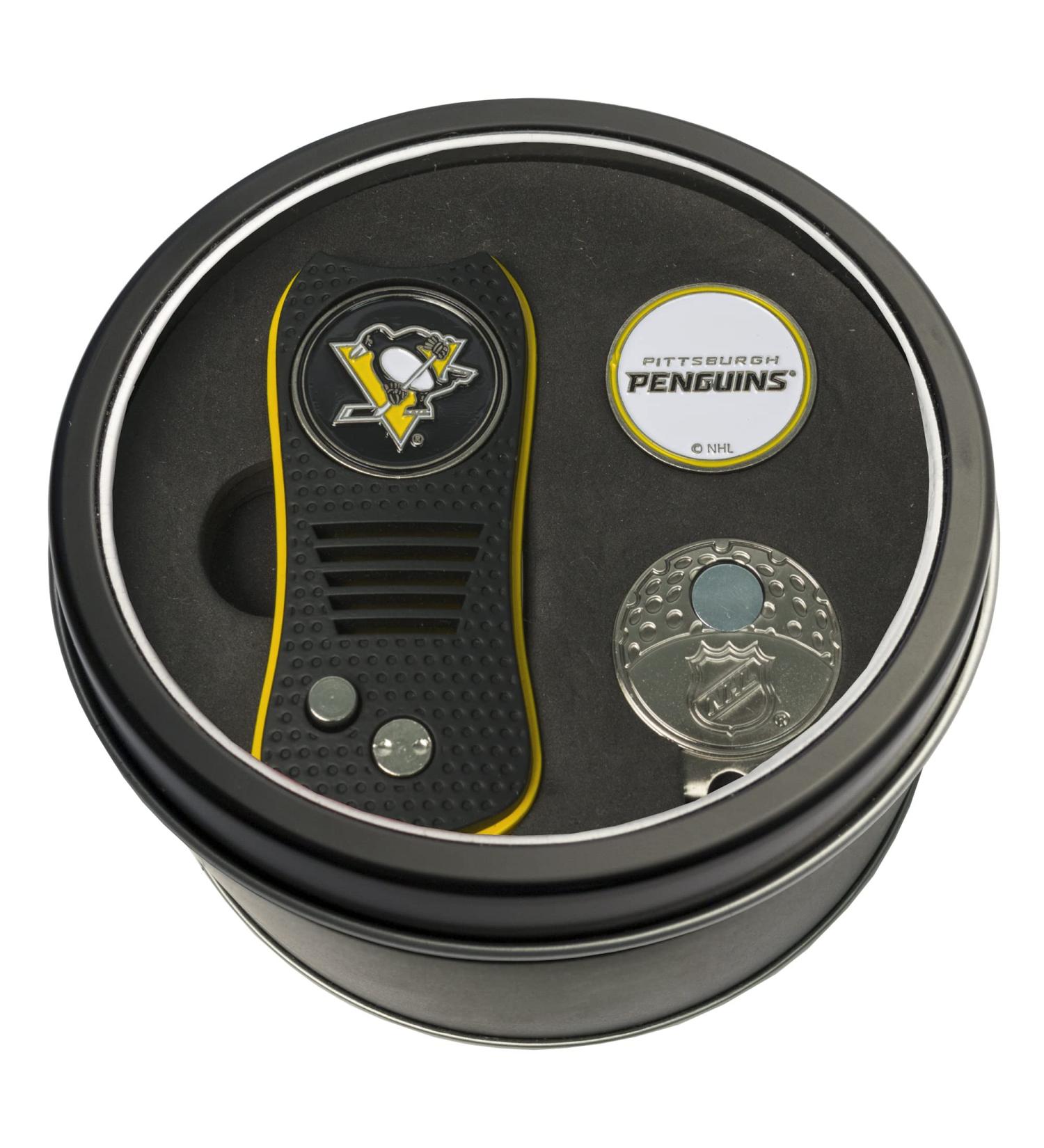 Team Golf NHL Pittsburgh Penguins Gift Set Switchfix Divot Tool, Cap Clip, & 2 Double-Sided Enamel Ball Markers, Patented Design, Less Damage to Greens, Switchblade Mechanism