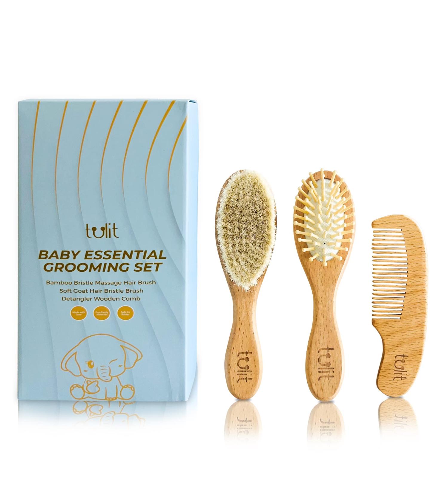 Tulit Baby Hair Brush and Comb Grooming Kit - Natural Soft Goat Hair and Bamboo Bristle Set for Newborns - Buy Online on GoSupps.com