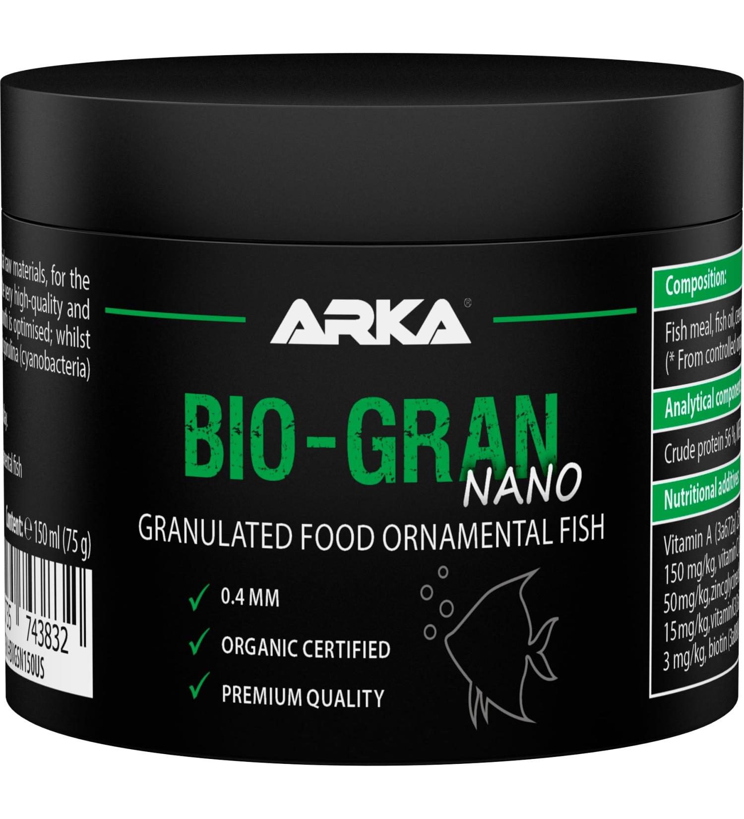 ARKA Bio-Gran Nano - 150 ML - Certified Organic Fish Food for Any Freshwater Aquarium Promotes Growth Colors and Vitality of Ornamental Fish. - Buy Online on GoSupps.com