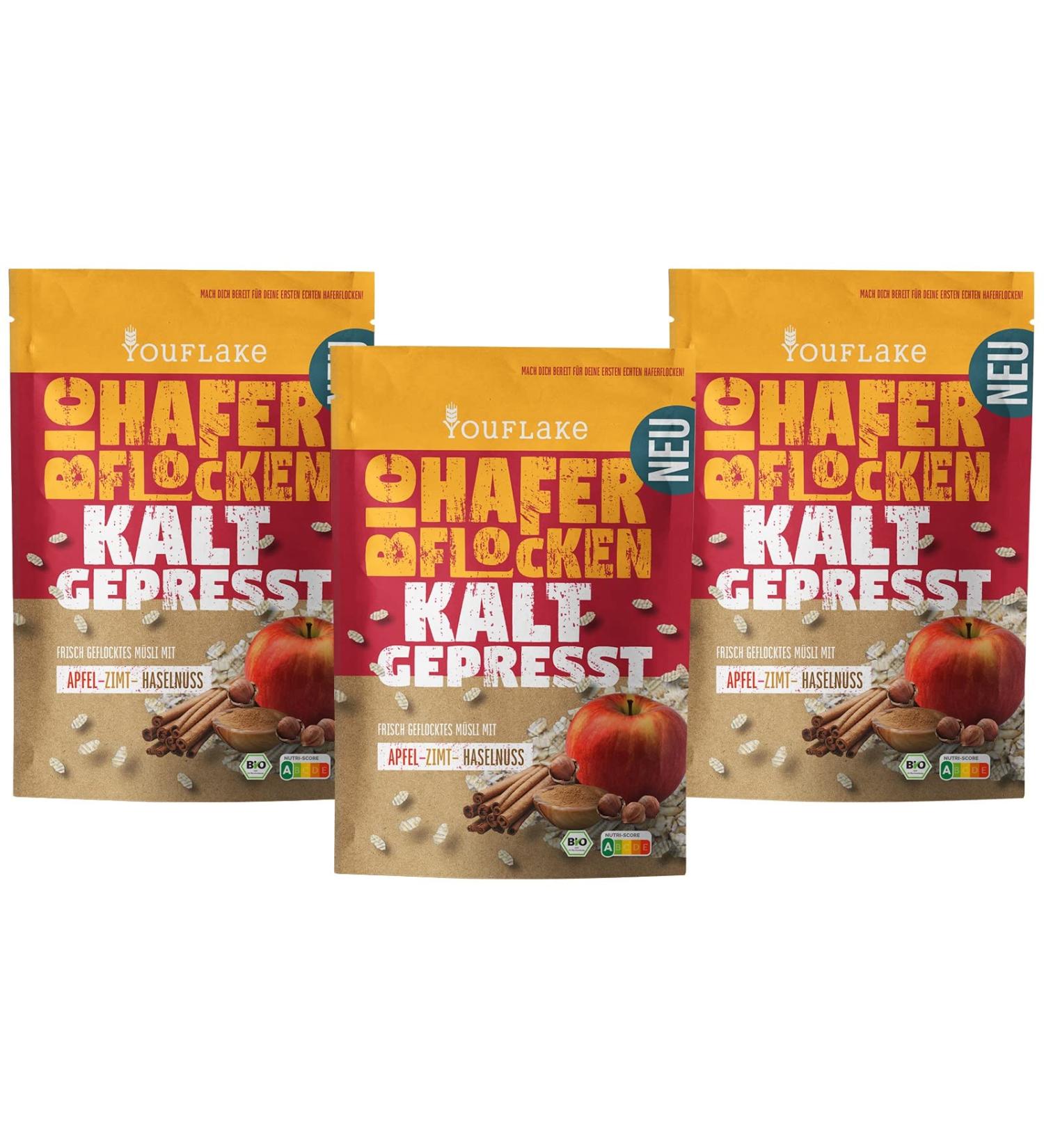 YouFlake YouFlake Organic Cold-Pressed Oats Apple-Cinnamon Hazelnut | 3 x 320g | Apple-cinnamon cereal mix with oat flakes and hazelnuts