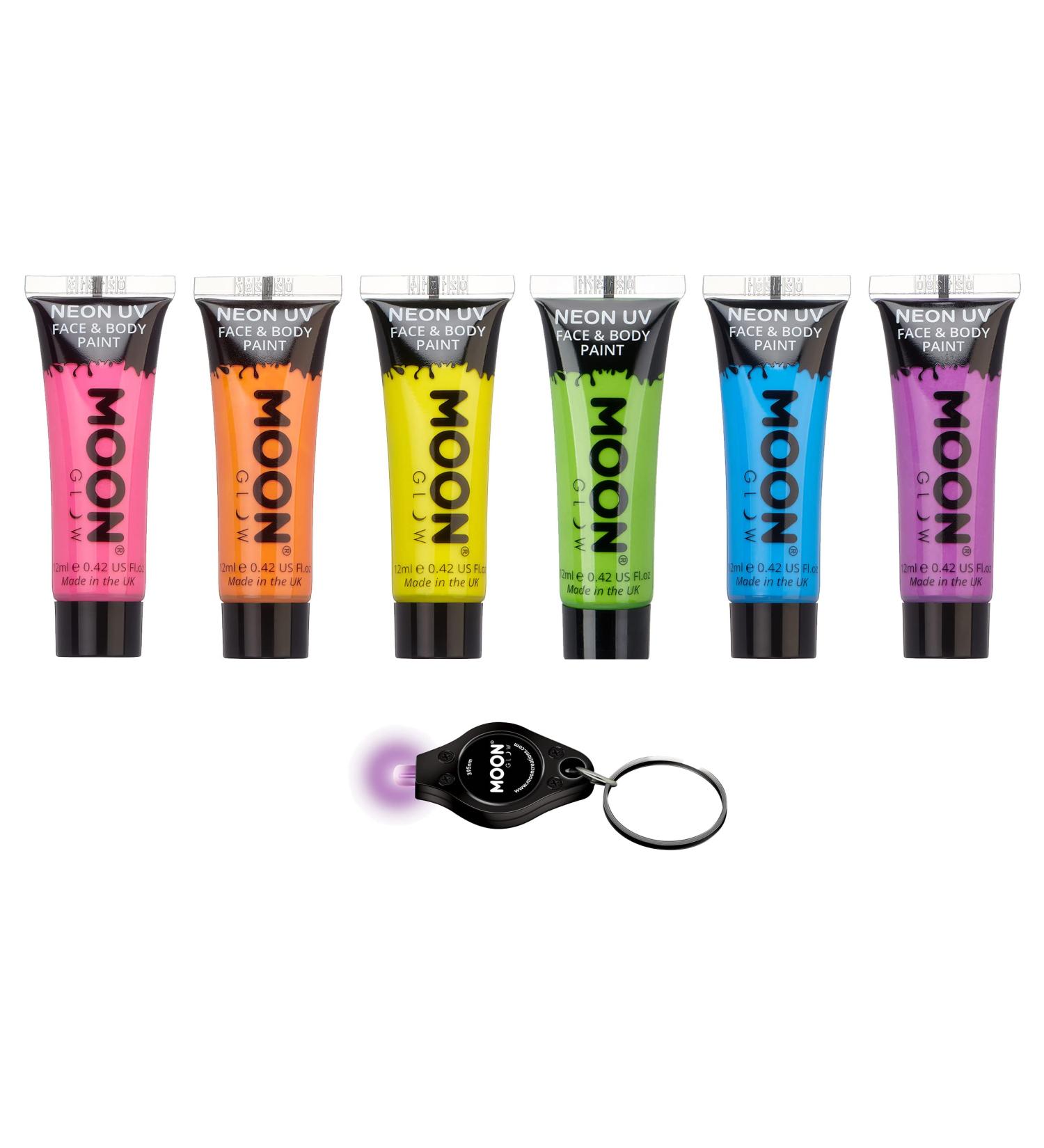 Moon Glow Blacklight Intense Neon UV Face and Body Paint 0.42oz - Set of 6 Tubes - Inc UV Keyring
