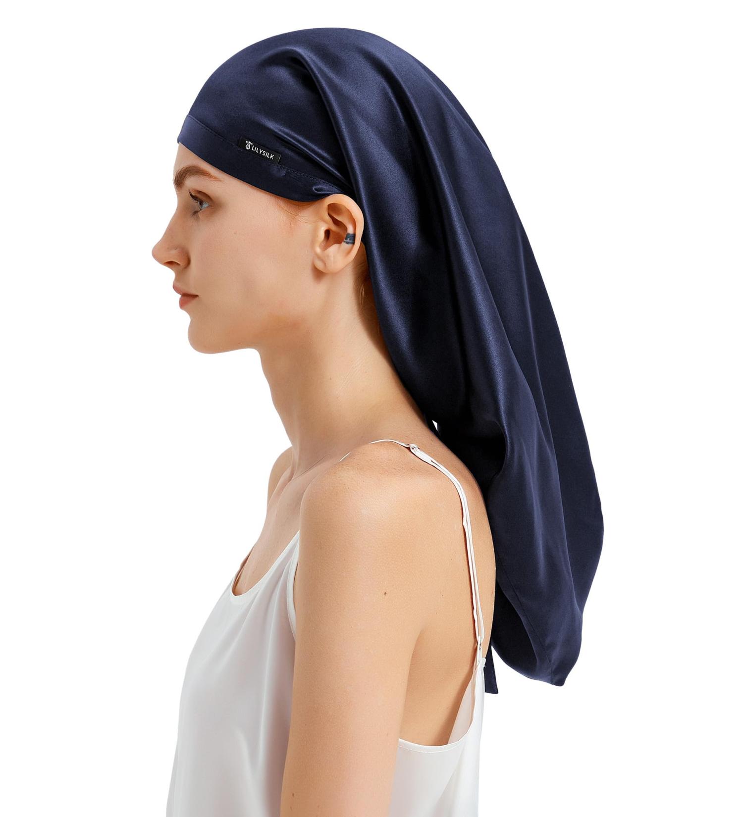 Lilysilk 100% Mulberry Silk Sleeping Hood for Curly Hair | 19 Momme Long Silk Cap - Dark Blue Night Hat for Women - Buy Online on GoSupps.com