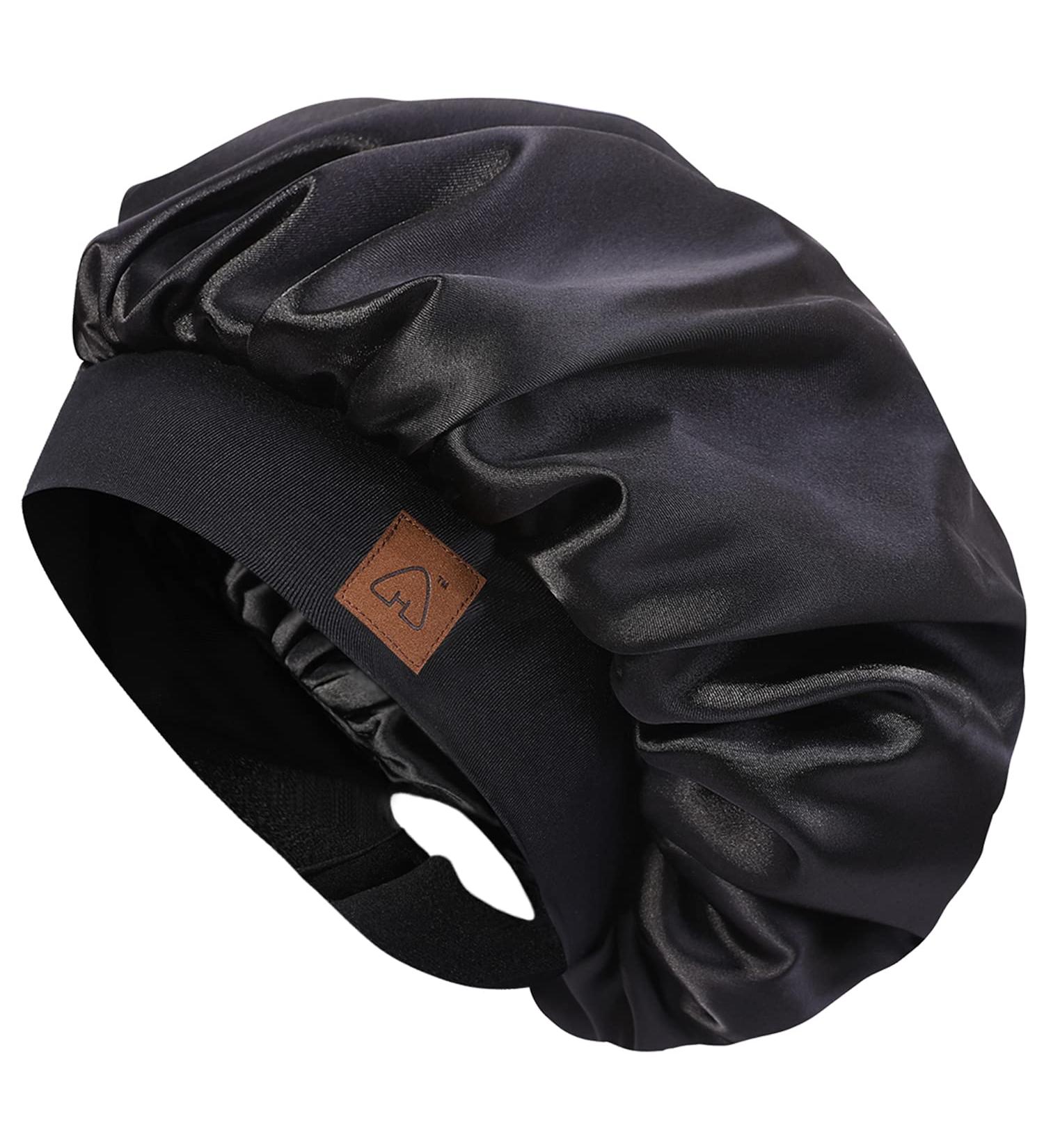 Hat Hut Satin Silk Bonnet for Curly Hair | Adjustable Wide Band Sleep Cap for Women | Double Layer Design | A01-Black - Buy Online on GoSupps.com