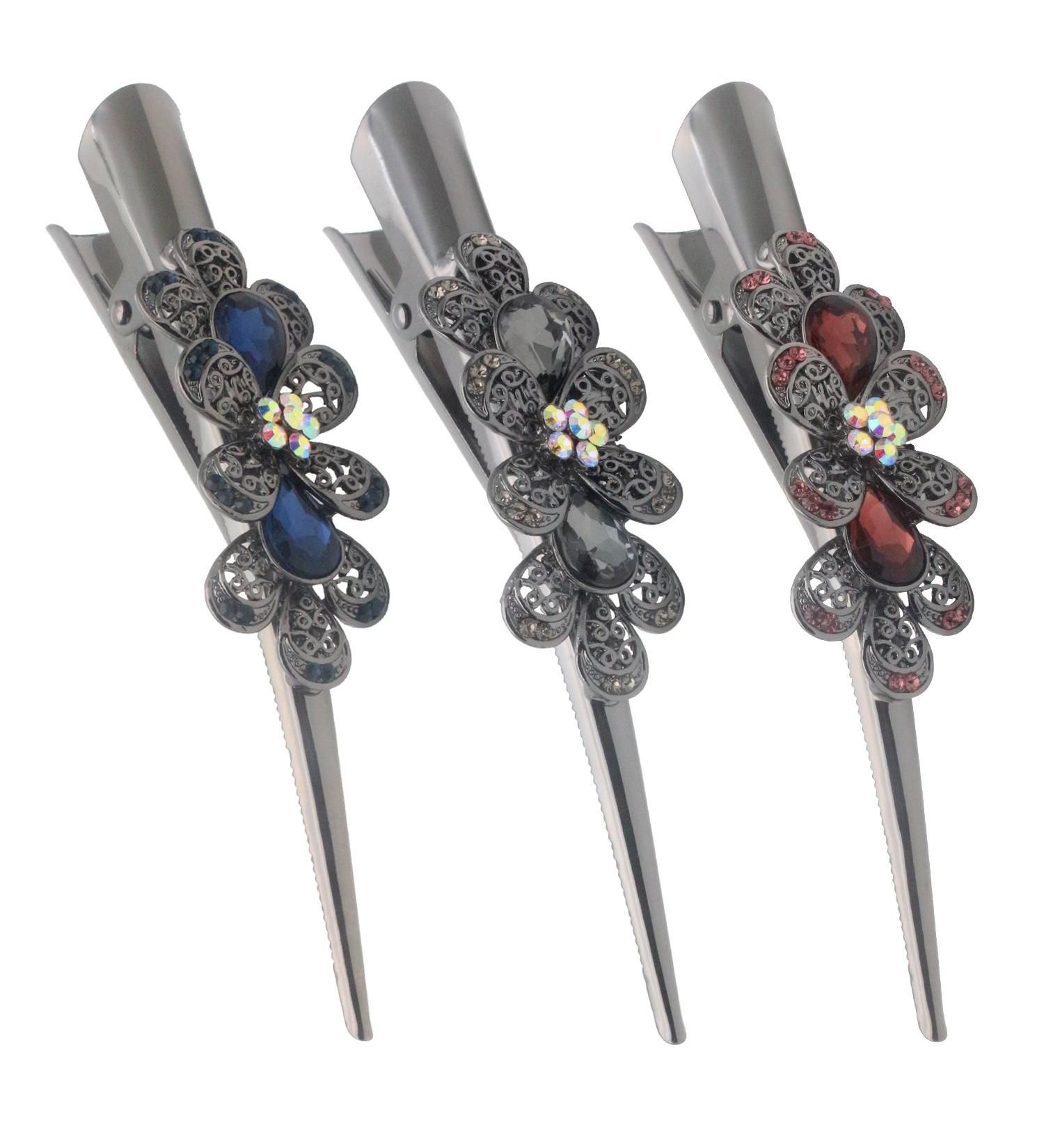 HOLLIHI Set of 3 Large Metal Alloy Alligator Sectioning Clips for Women and Girls - Pretty Strong Clamp Hair Pins Non-Slip Hair Grips Accessories for Thick Hair Silver Gray (Clover) - Buy Online on GoSupps.com