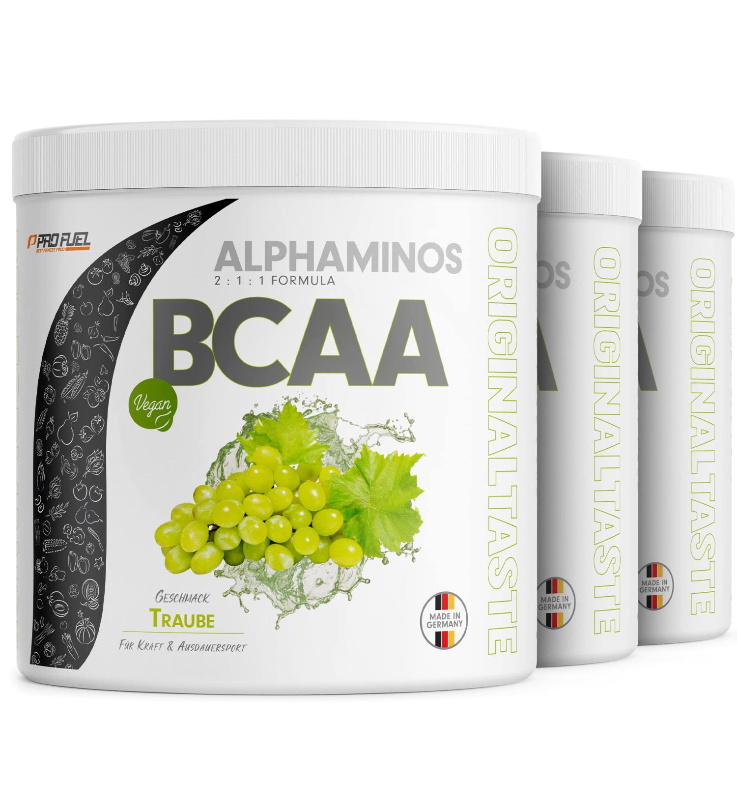 Buy Alphaminos BCAA Powder 3x300g - Grape Flavor - Test Winner - 100% Vegan - Essential Amino Acids - Top Solubility - Profuel - Buy Online on GoSupps.com