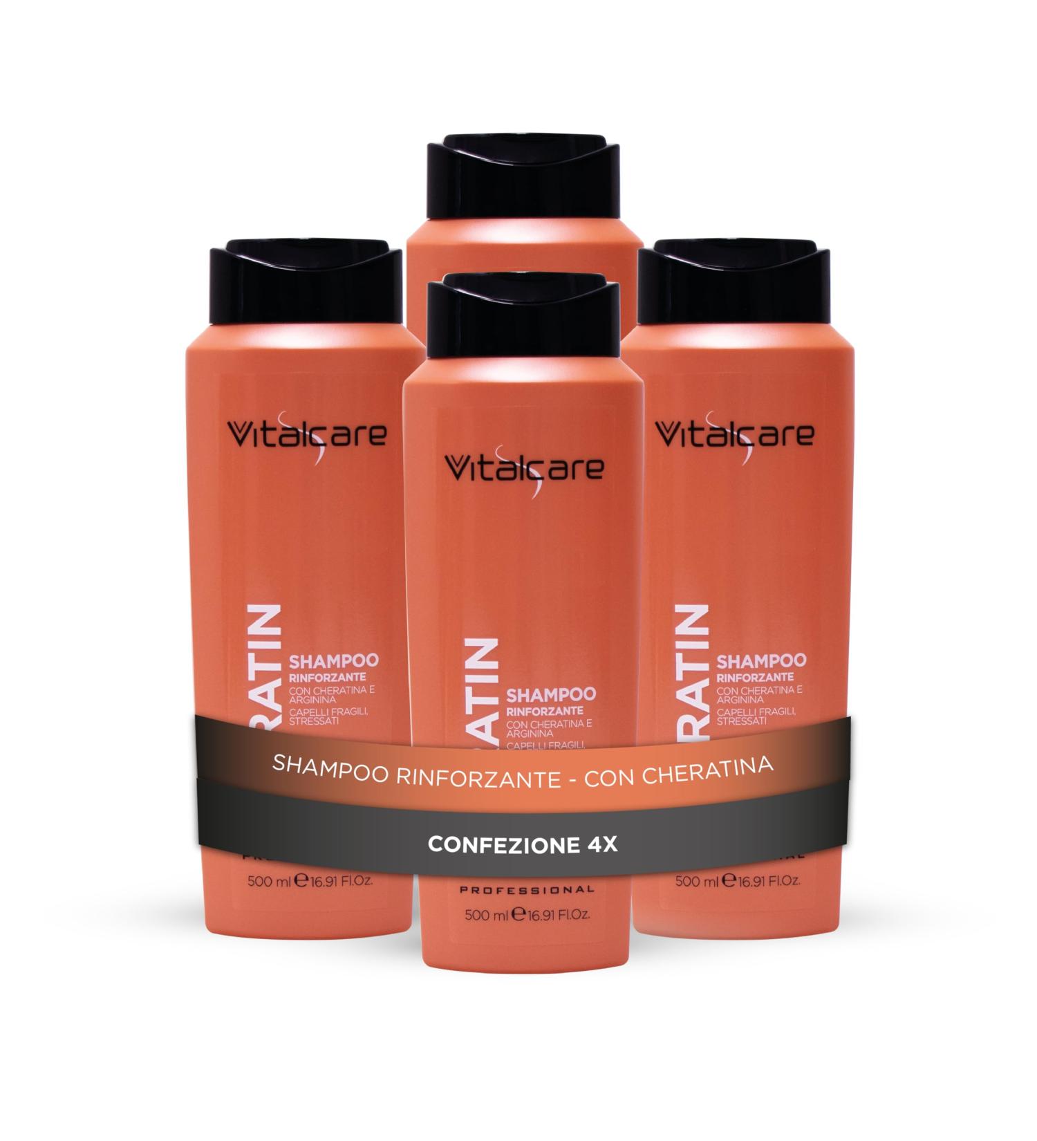 Vitalcare | Keratin Fortifying Shampoo gently cleanses brittle and stressed hair with keratin and arginine 4 x 500 ml - Buy Online on GoSupps.com