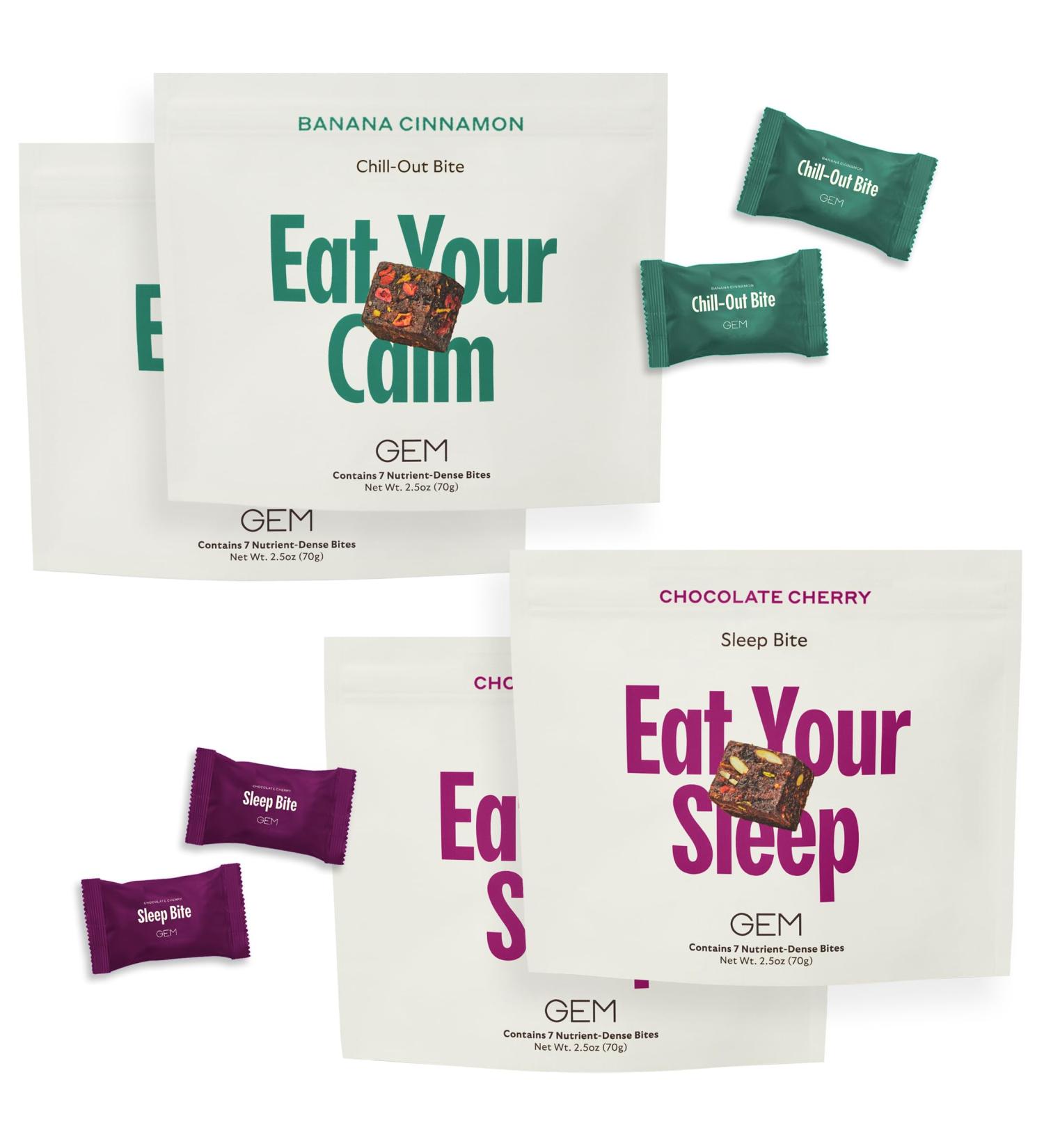 GEM Total Relaxation Bundle Calm & Sleep Bites for Natural Stress Relief and Sleep Support | Magnesium L-Theanine Lemon Balm & Valerian Root | Non-Habit Forming Vegan No Added Sugar - Buy Online on GoSupps.com