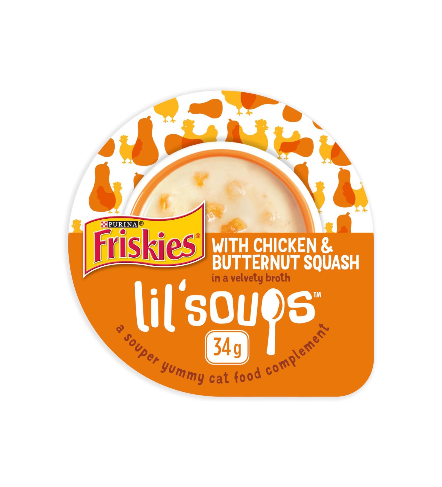 Friskies Lil' Soups Cat Food Complement Chicken and Butternut in Velvety Broth - 34 g Cup (8 Pack) Chicken & Butternut Squash in Broth - Buy Online on GoSupps.com