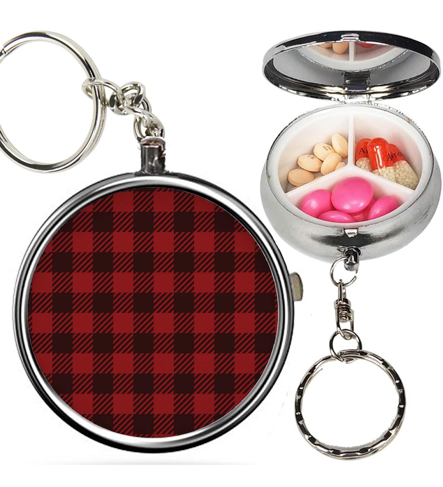Pack of 2 - Portable Pill Organizer (Red Lumberjack Gingham Buffalo Plaid) Metal Medicine Box 3 Compartment Stash Vitamin Meds Case with Keychain