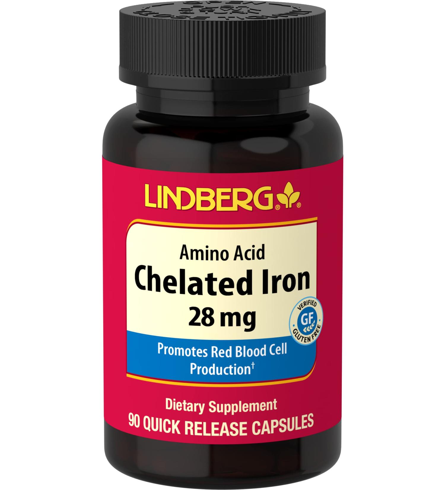 Chelated Iron Supplement | 28mg | 90 Capsules | Amino Acid | Non-GMO Gluten Free | by Lindberg