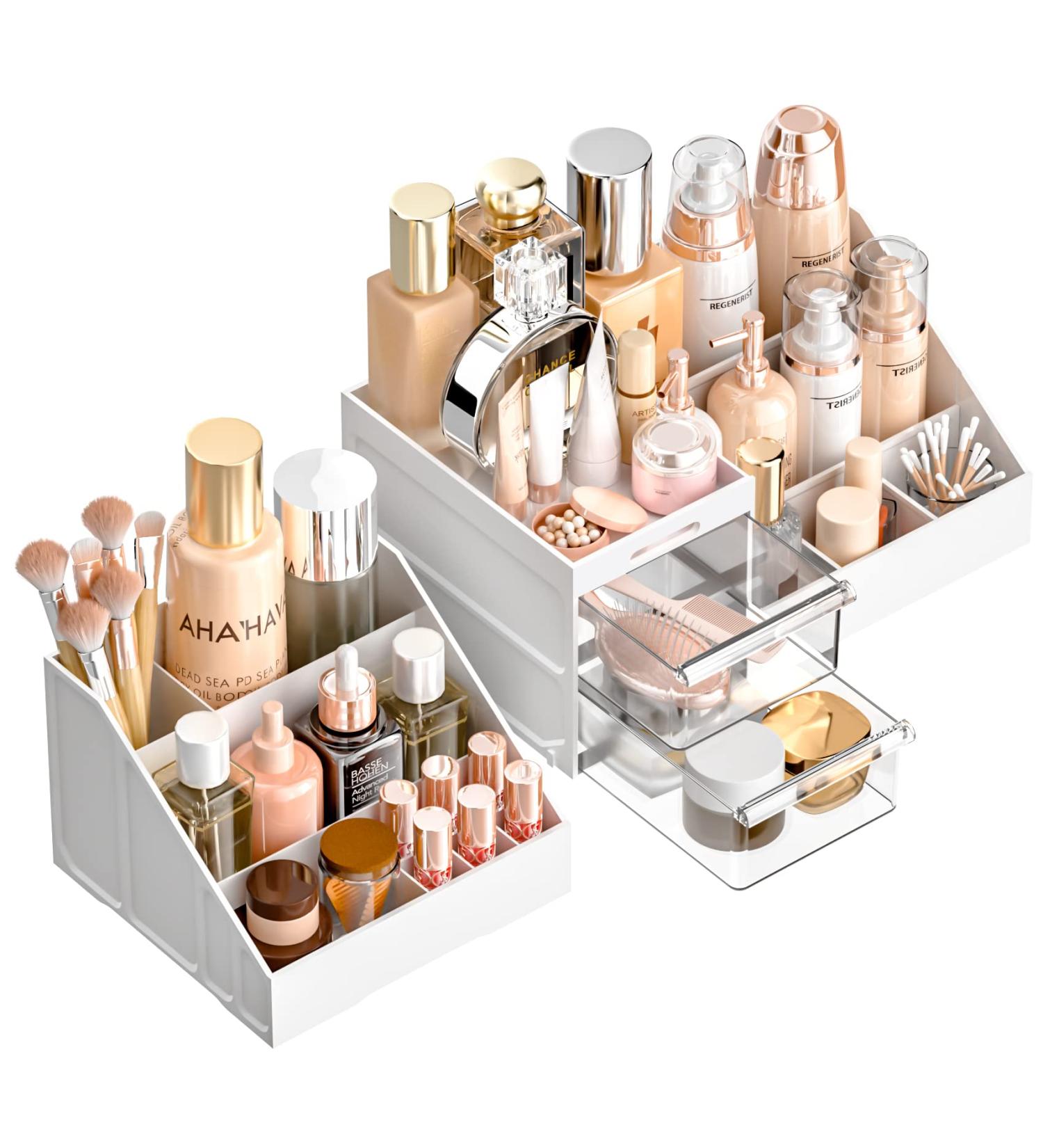 Large Capacity Makeup Organizer with Drawers for Vanity - White/Clear - Buy Online on GoSupps.com