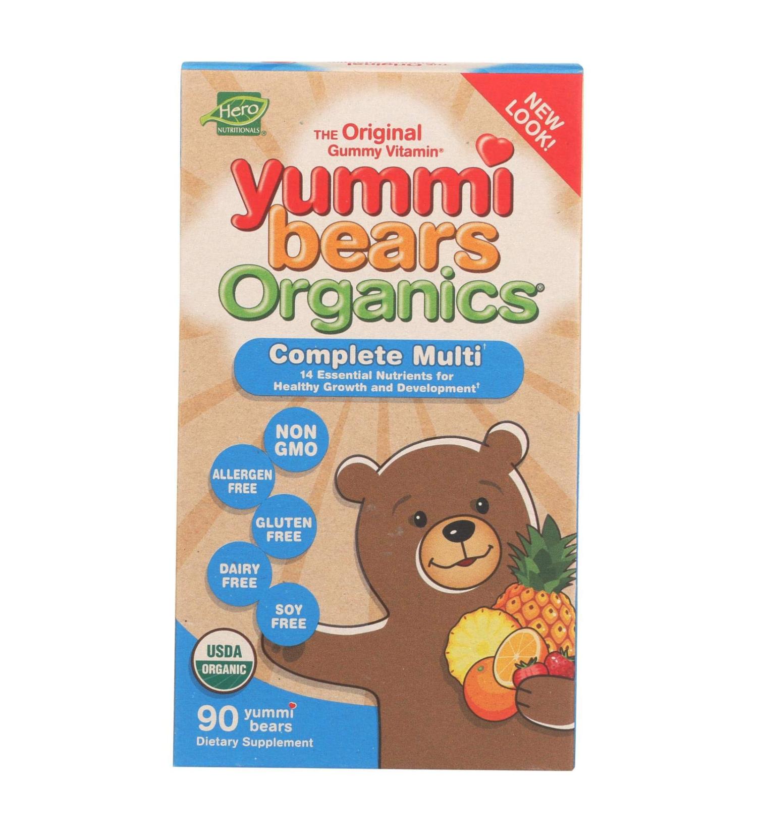 Hero Nutritional Products Yummi Bears Organics Complete Multi Organic Strawberry Orange and Pineapple Flavors 90 Yummi Bears