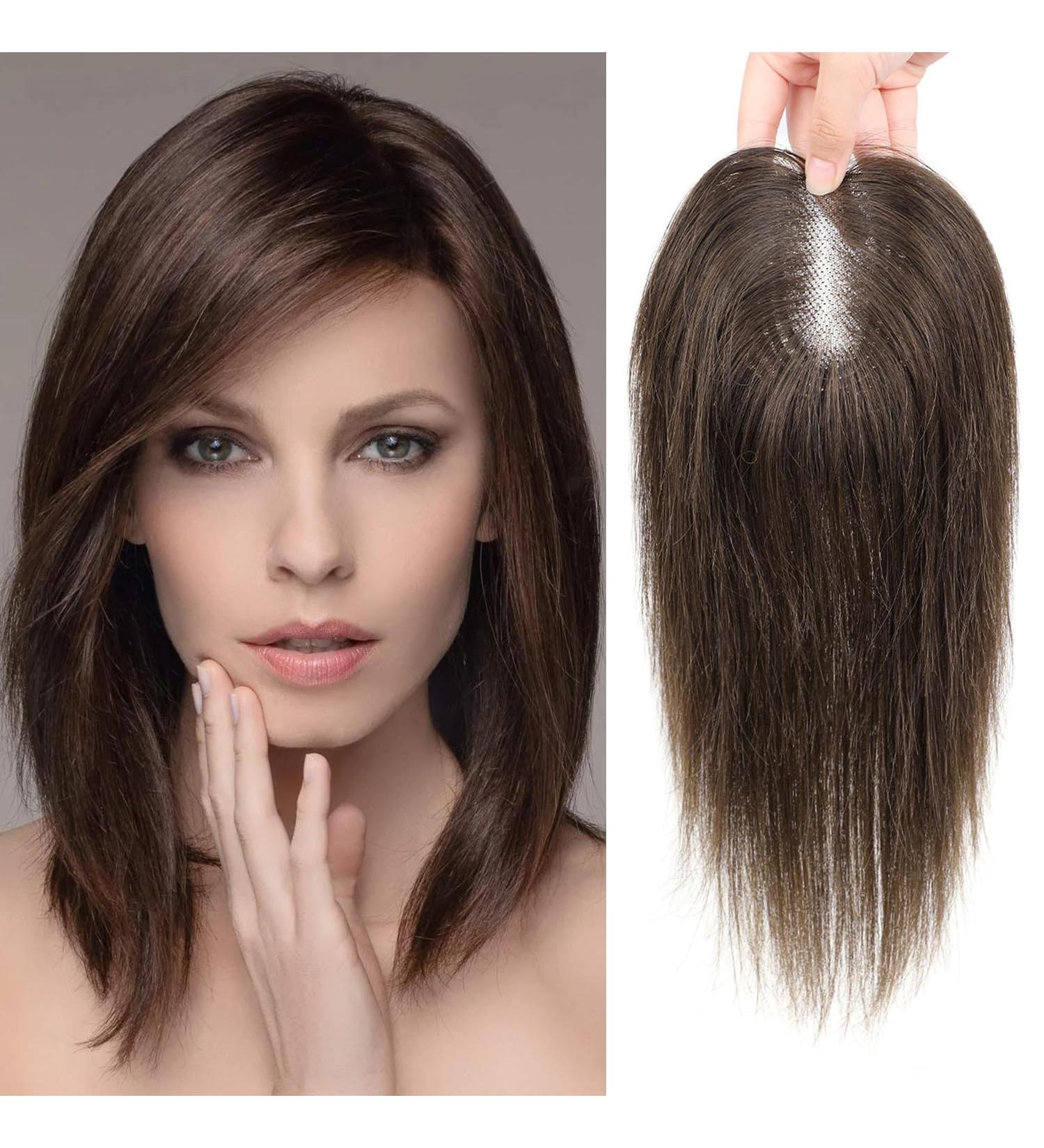 Women's 10 Inch Human Hair Clip-in Topper - Medium Brown (4#) Swiss Base Wiglet for Thinning Hair - Buy Online on GoSupps.com