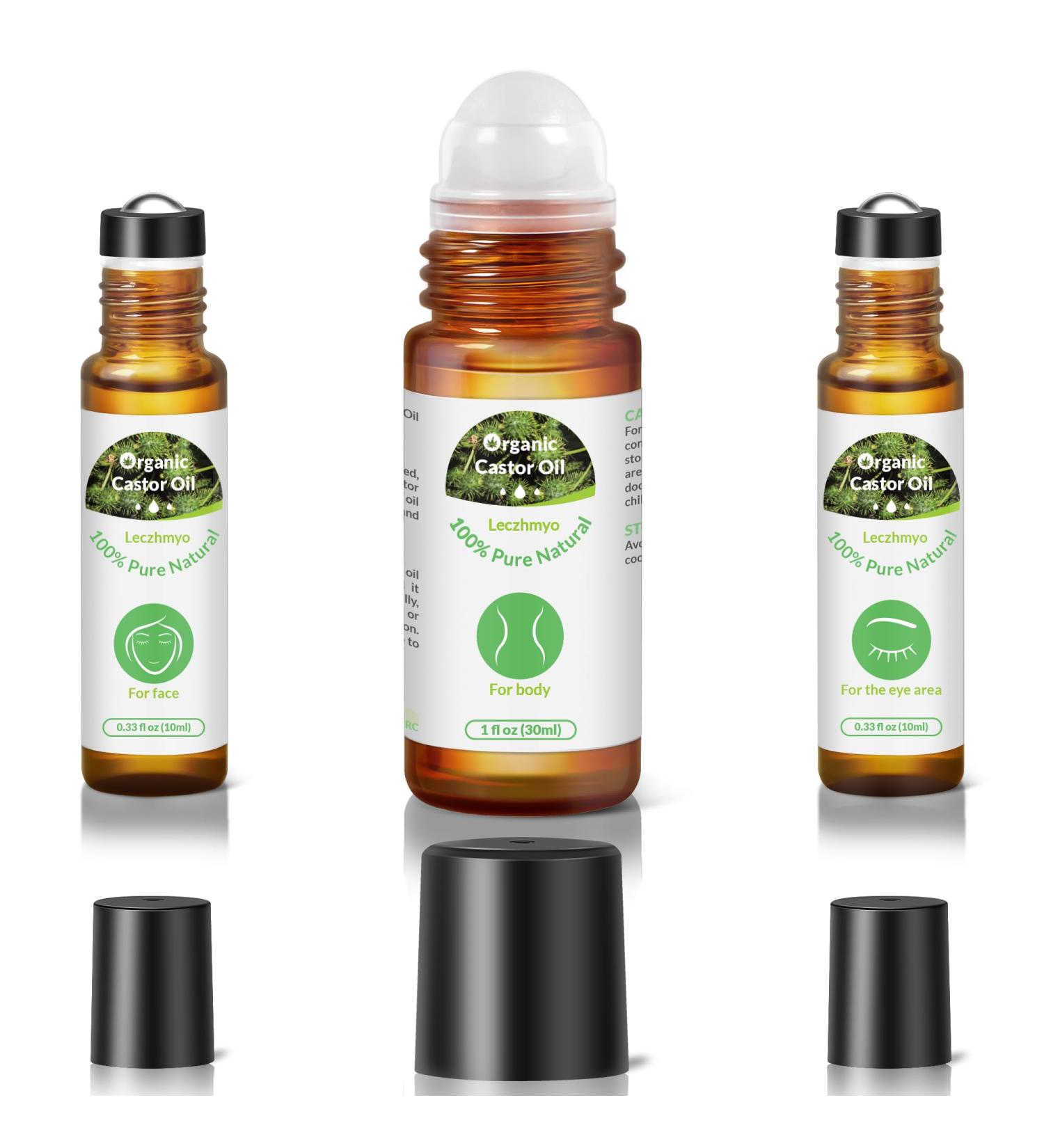 Leczhmyo Organic Castor Oil Roll on for Belly Face Body Under Eyes Certified Organic Cold Pressed Hexane Free Unrefined 3 Glass Bottle Pure Roller Ball Castor Oil to Moisturize Skin Lips - Buy Online on GoSupps.com