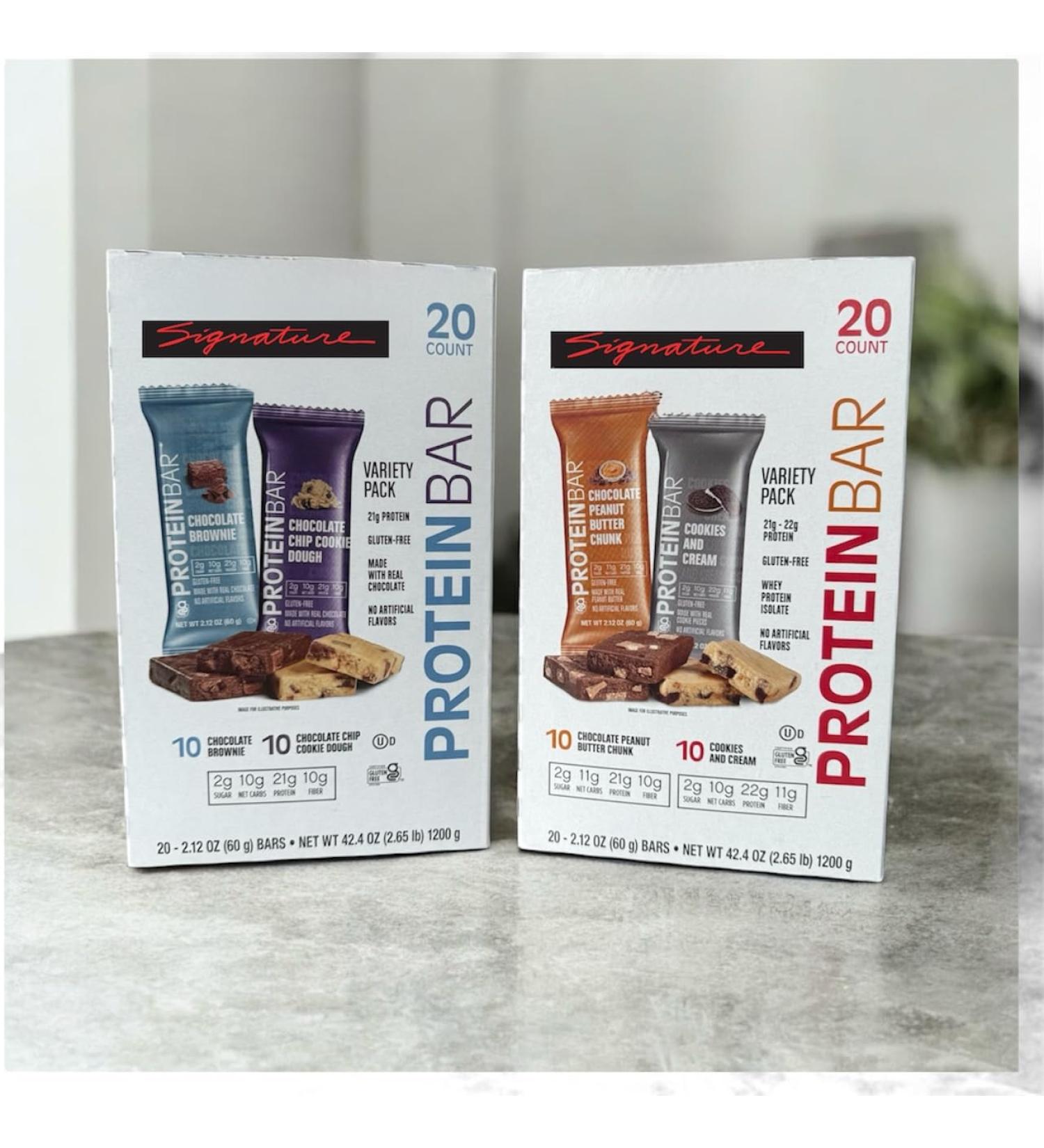 Kirk LAND's Combo Pack Signature Protein Bar Variety Pack 40 Counts Gluten-Free 21-22g Protein 10 Chocolate Brownie 10 Cookie Dough 10 Peanut Butter 10Cookies & Cream Flavors (2-Packs Variety boxes)