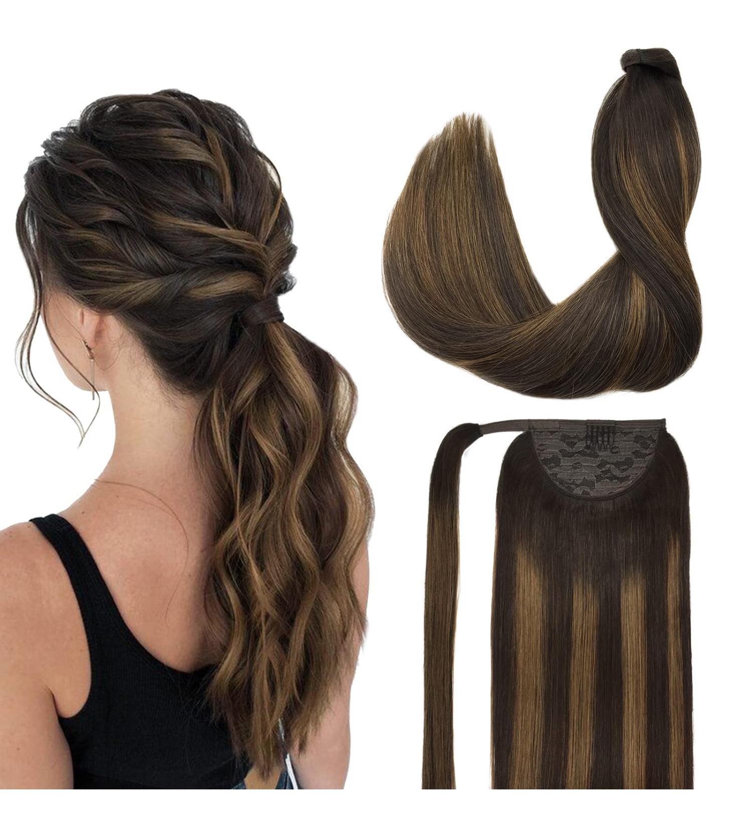 DOORES Balayage Dark Brown to Chestnut Brown Human Hair Ponytail Extension 14 Inch 75g - Clip in Heat Resistant Real Hair Piece - Buy Online on GoSupps.com