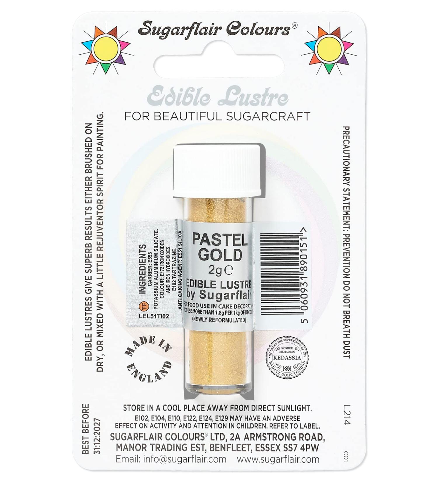 Sugarflair Pastel Gold Edible Lustre Dust (E171 Free) Add a Lustrous Shine to Cakes or Decorations. Brush On or Add Rejuvenator to Create Eye-Catching Edible Paint- 2g