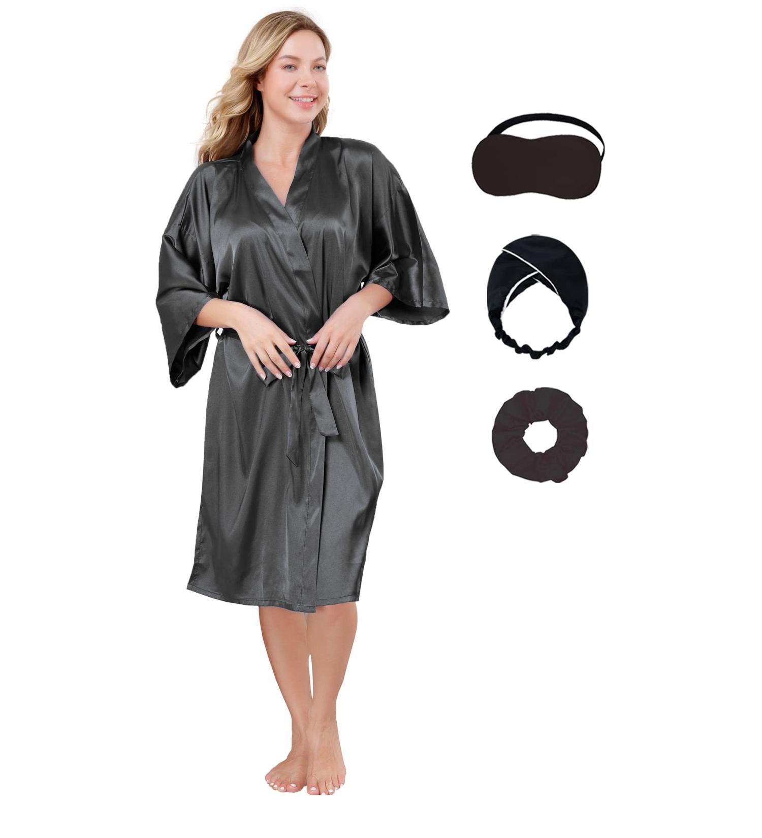 MEIKLE Silky Robes for Women Party Wedding Short Floral Kimono with Blindfold Hair Bands Elastic Hair Scrunches Cs-black L/XL - Buy Online on GoSupps.com