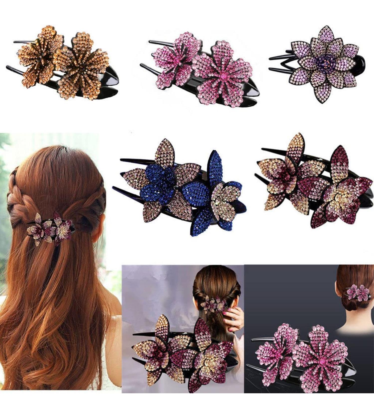 5 PCS Double Flower Rhinestone Hair Clips - Elegant Hair Accessories for Women - Crystal Thick Hairpins (Large) - Flower Color Options Available - Buy Online on GoSupps.com