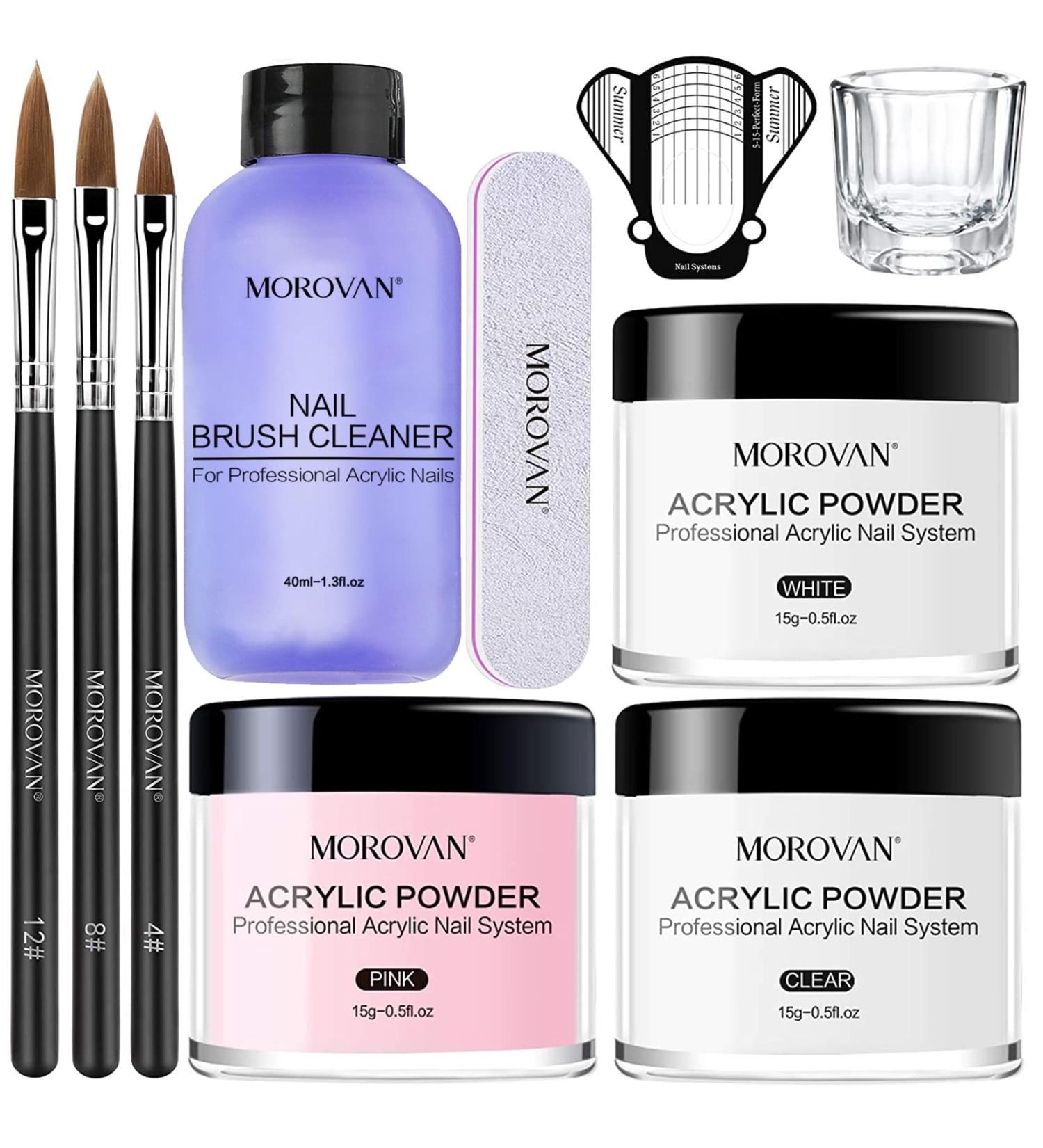 Morovan Acrylic Nail Kit - Professional 3 Color Acrylic Powder Set for Nail Extension with Brush - Nail Art Starter Kit in Clear, White, Pink - Buy Online on GoSupps.com