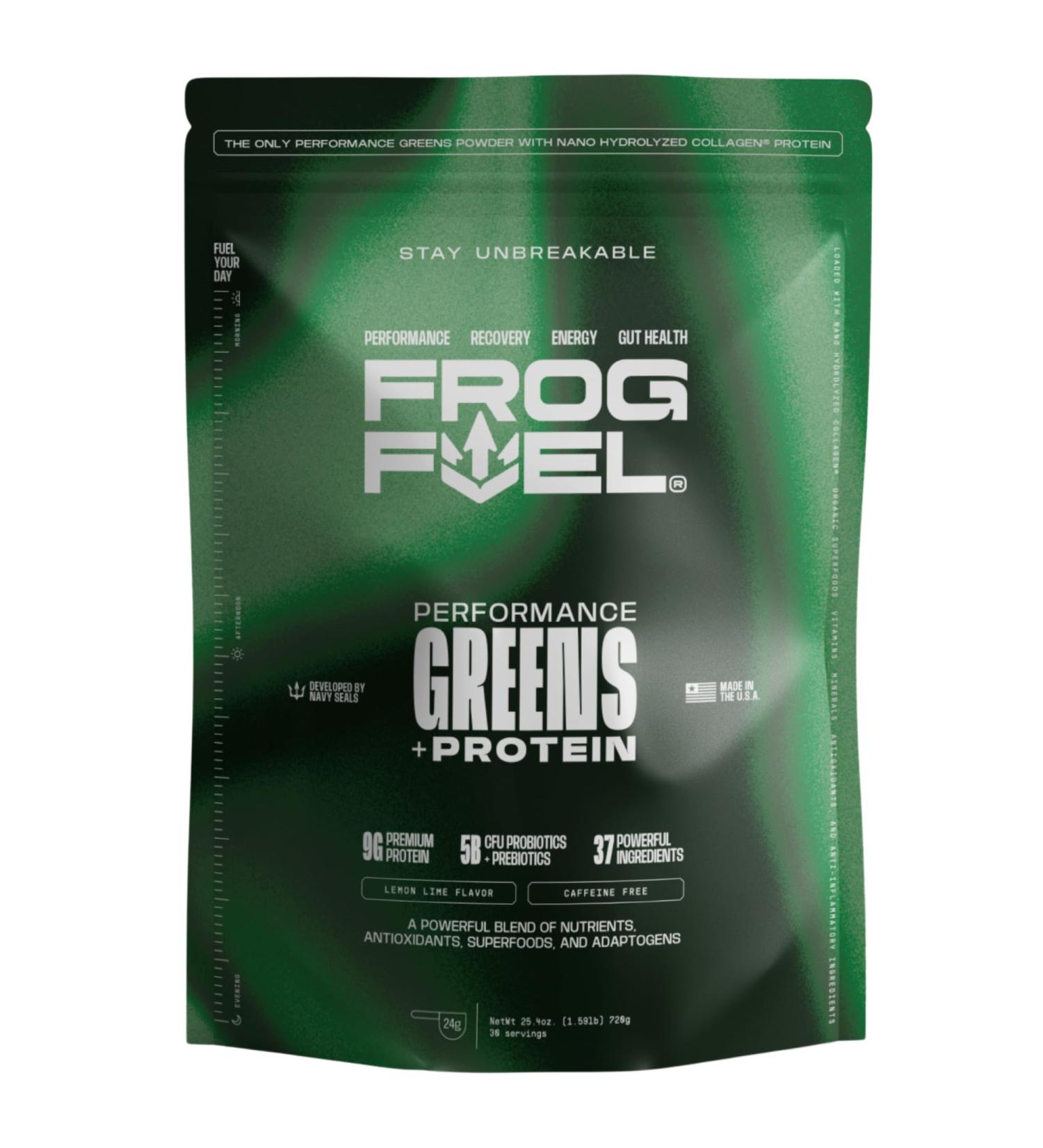 Frog Fuel Performance Greens Protein Powder Nano-Hydrolyzed Grass Fed Protein Greens Powder 5B CFU Probiotics/Prebiotics 9G Protein 7 EAAs Energy & Muscle Support Lemon Lime 30 Servings - Buy Online on GoSupps.com