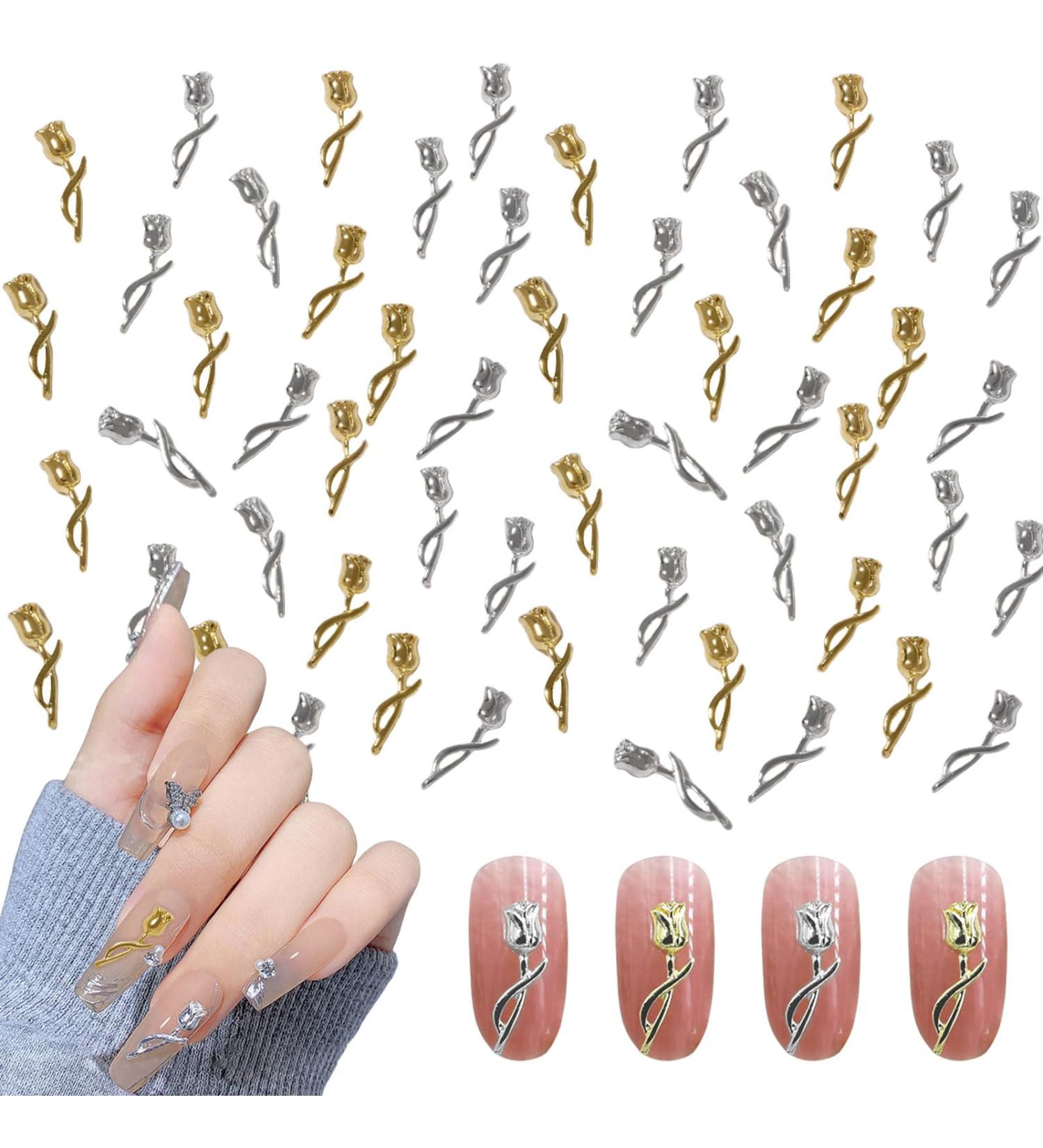 Tulip Nail Charms 60PCS Rose Flower Metal Nail Gems Studs Gold Silver Nail Art Decorations Ornaments for Nail Design Supplies Jewelry Accessories (Gold Silver) - Buy Online on GoSupps.com