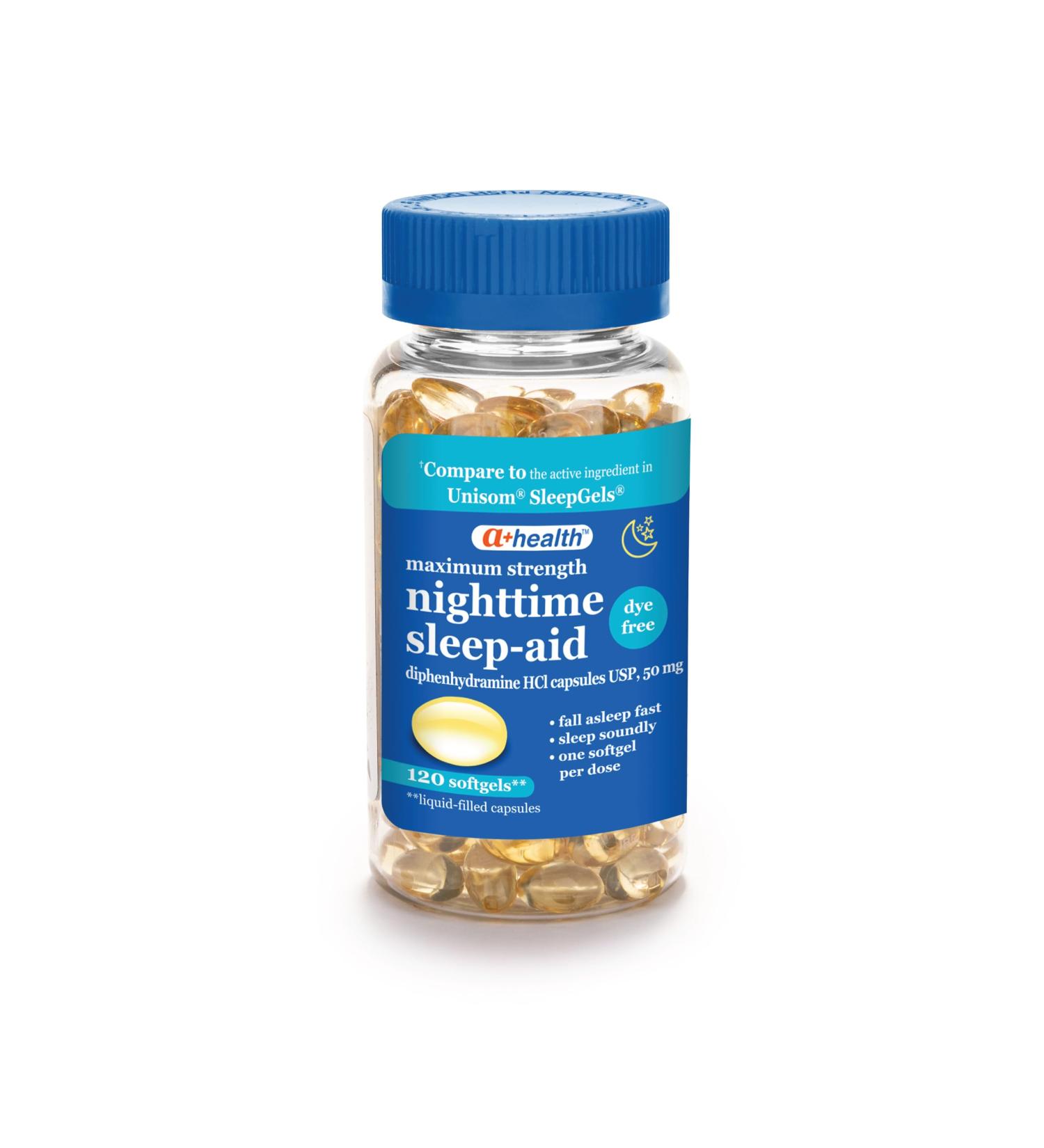 A+Health Dye-Free Nighttime Sleep Aid Diphenhydramine HCl 50mg Softgels Maximum Strength 120 Count - Buy Online on GoSupps.com