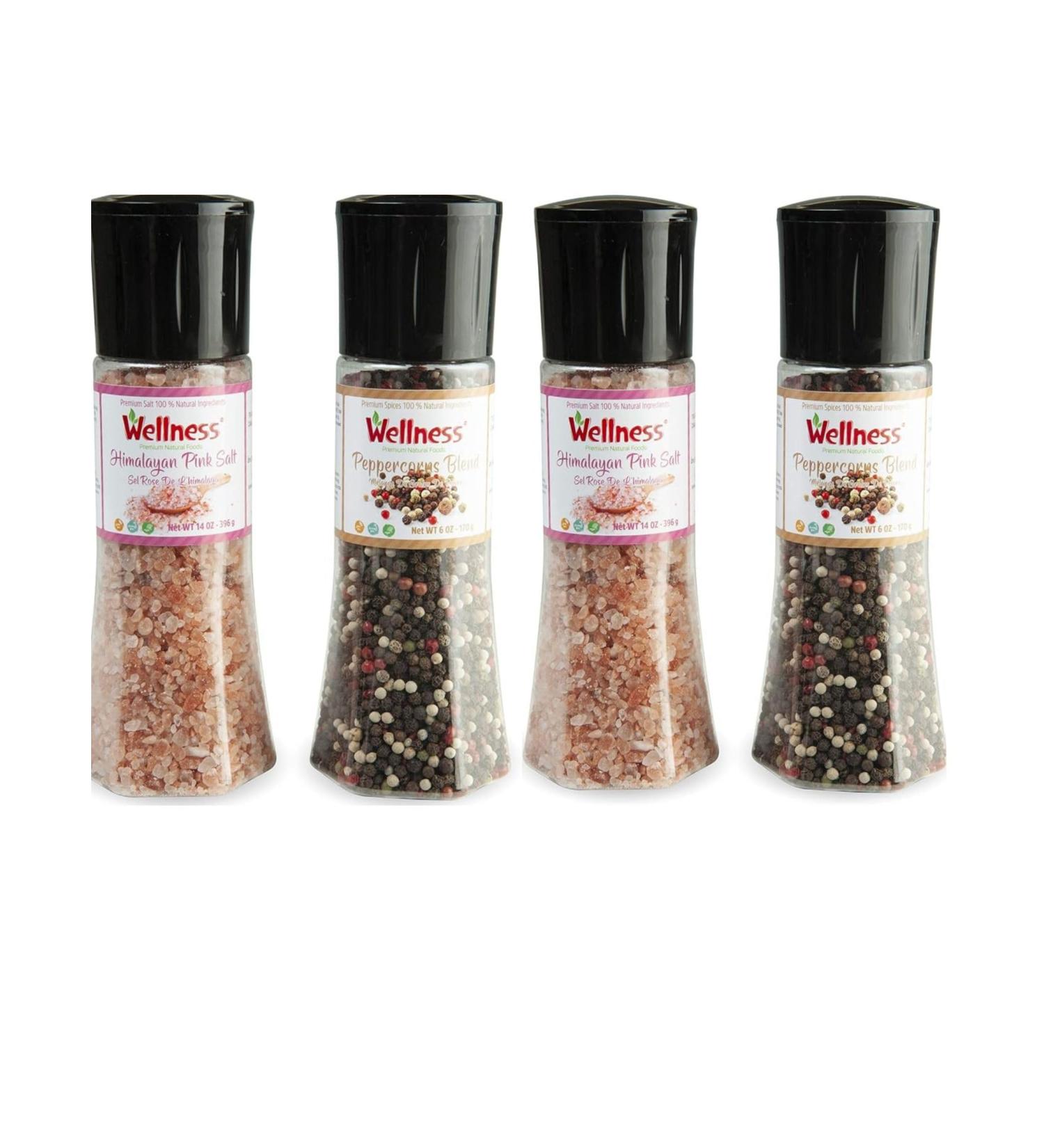 Wellness 4-Pack Salt and Pepper Grinder Set - Featuring Organic Black Peppercorns | 6oz - 170g | and Pink Himalayan Salt | 14oz - 396g | Elevate Your Culinary Experience with Flavorful Delight - Buy Online on GoSupps.com