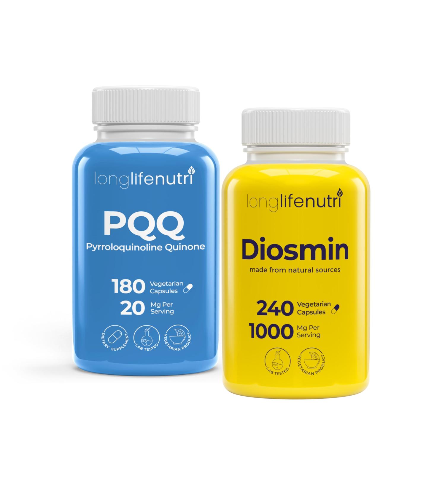 LongLifeNutri PQQ 20 mg + Diosmin 1000 mg Bundle - 180 + 240 Capsules 6-4 Month Supply Mental Performance & Circulatory Health Support Made in USA - Buy Online on GoSupps.com