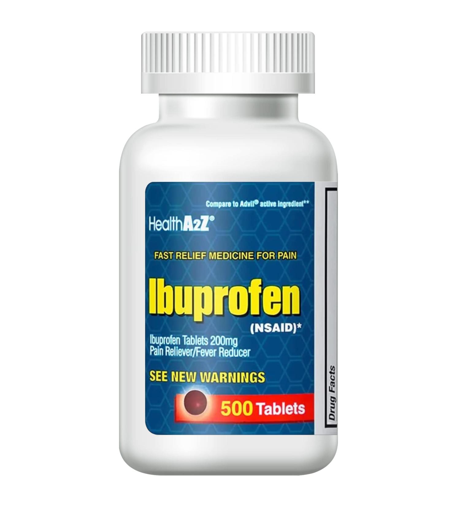 HealthA2Z Ibuprofen 200mg - 500 Count Pain Relief Tablets for Body Aches, Headache, Arthritis, Cramps, Back Pain, and Fever Reduction - Buy Online on GoSupps.com