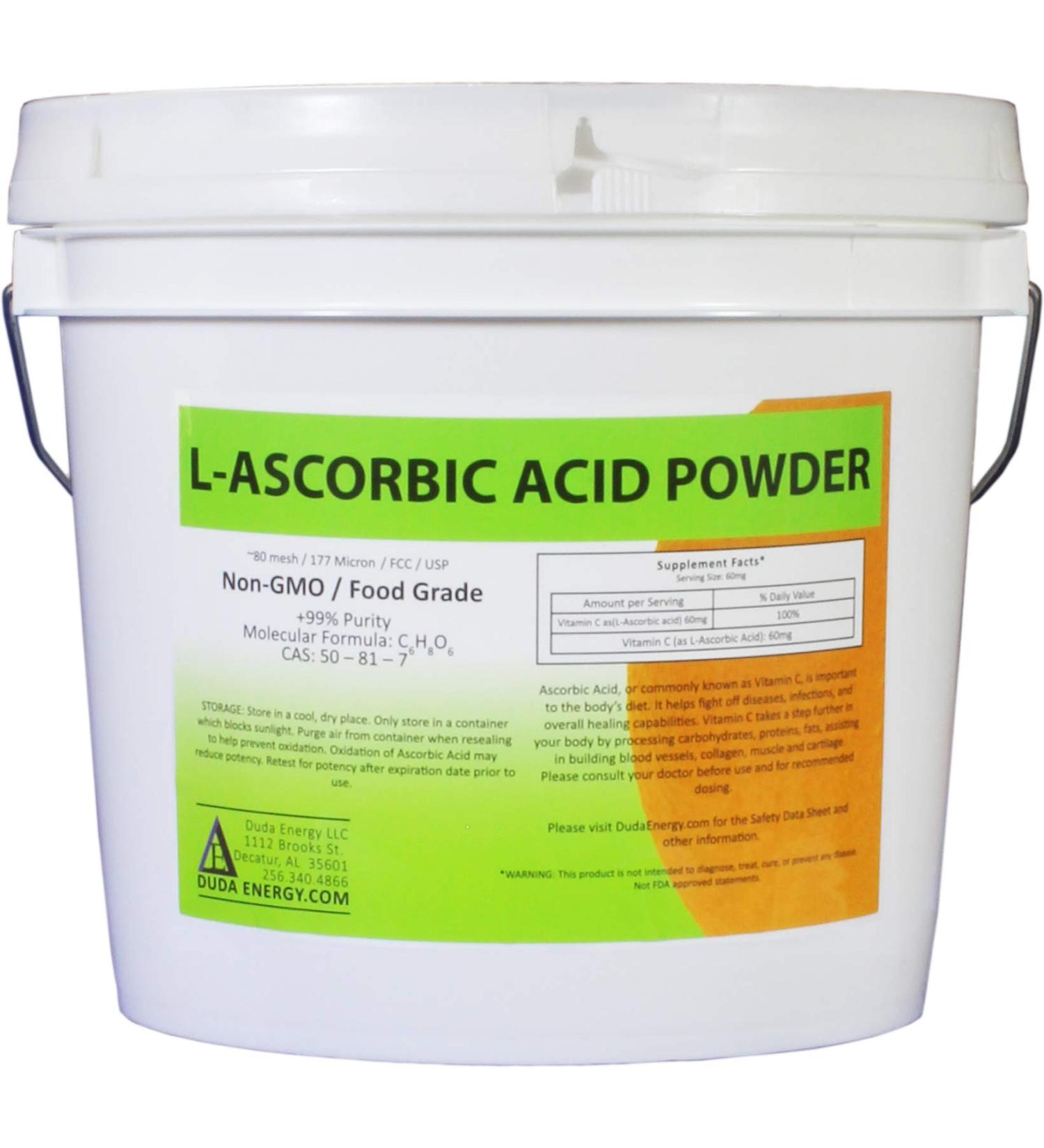 Duda Energy asc8p Pail of L-Ascorbic Acid Powder 99+% Food Grade USP36/BP2012 Naturally Fermented Pure White Crystals Form of Vitamin C 8 lb.