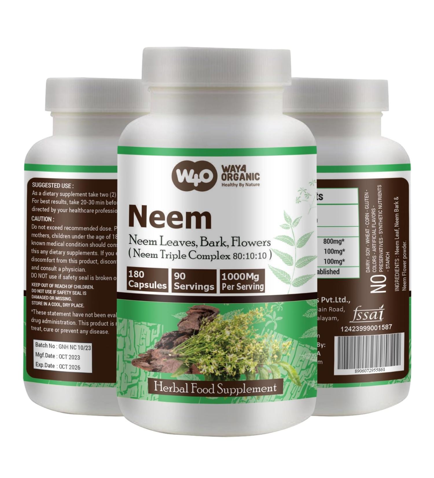 WAY 4 ORGANIC W4O Neem Triple Complex - High-Potency Azadirachta Indica Capsules Neem Leaves Bark Flowers in Ratio (80:10:10) - 180 Capsules 90 Serving 1000 Mg per Serving. Pack of 1. - Buy Online on GoSupps.com