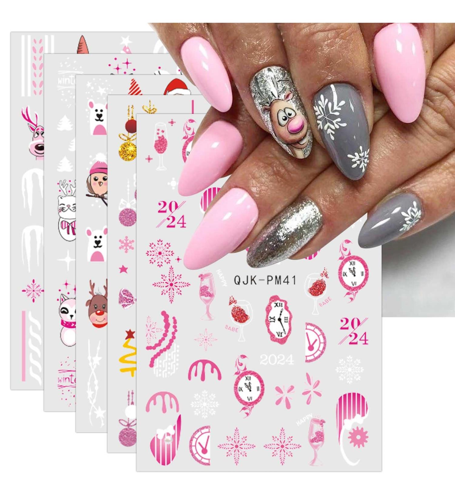 Christmas Nail Stickers 9 Sheets Self-Adhesive Nail Decal Pink Nail Art Decoration Design Supplies - Buy Online on GoSupps.com