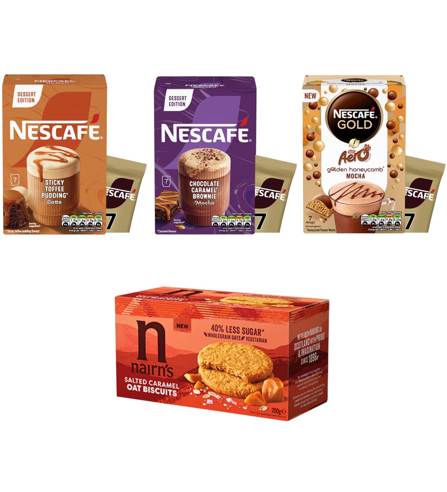 Instant Coffee Bundle Gold Variety Pack - Toffee Pudding Latte Chocolate Caramel Brownie Mocha Aero Golden Honeycomb Mocha Bundled with Salted Caramel Oat Biscuits - Buy Online on GoSupps.com
