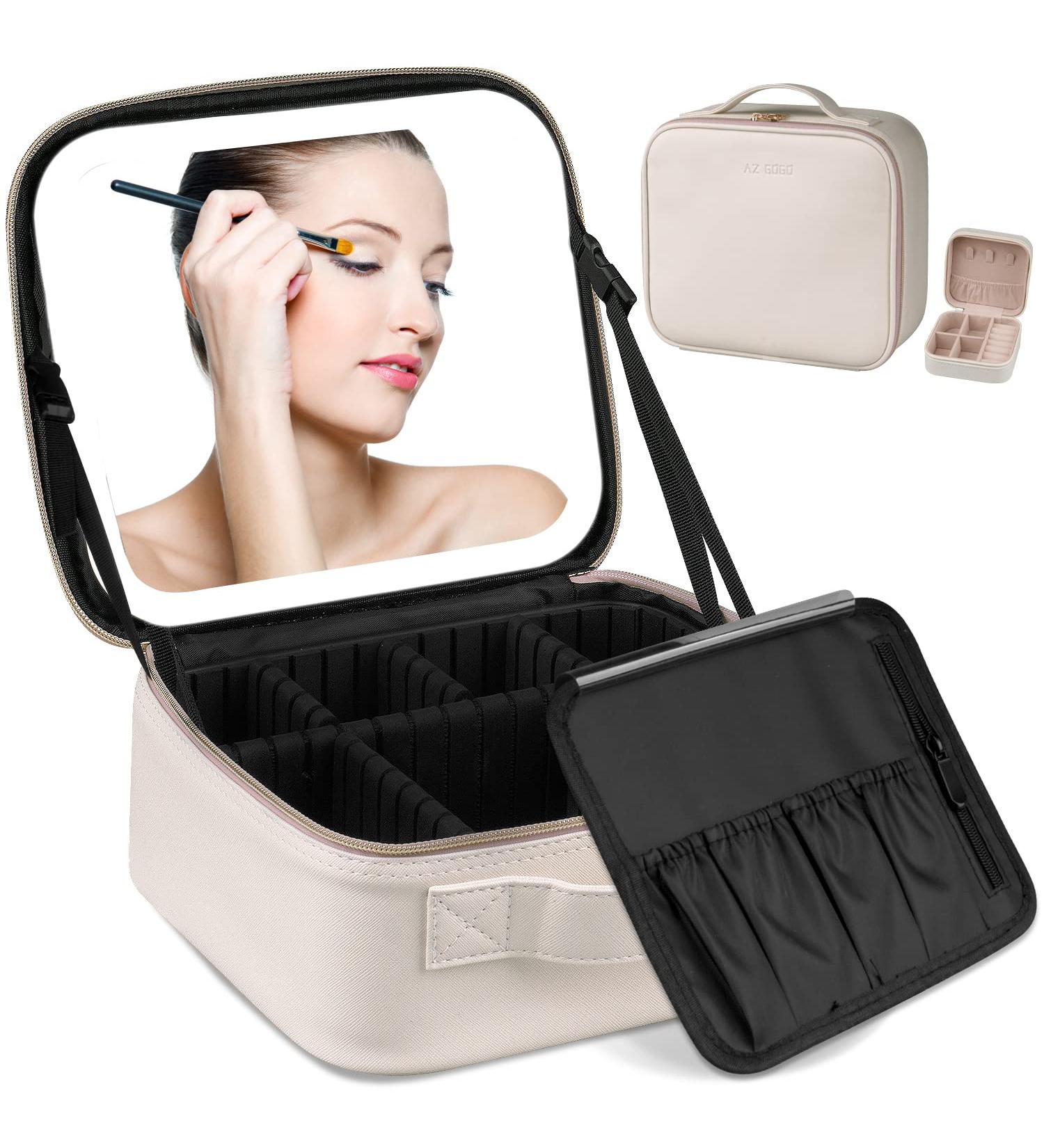 AZ GOGO Travel Makeup Bag with Lighted Mirror | Portable, Waterproof Cosmetic Organizer | 3 Color Brightness | Creamy White - Buy Online on GoSupps.com