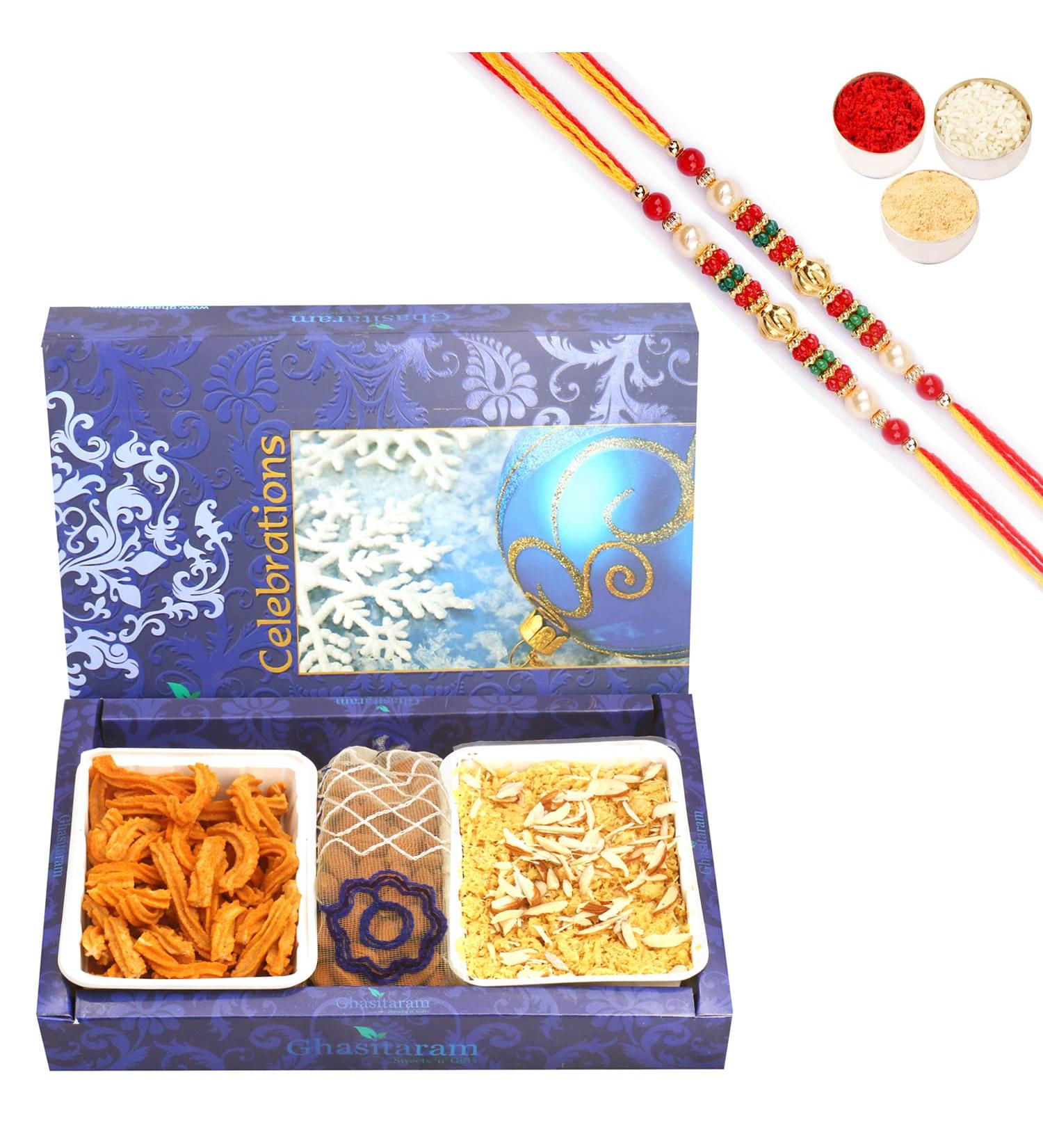 Ghasitaram Gifts Rakhi Gifts for Brothers Rakhi Sweets - Soan Papdi SOYA Sticks and Almonds Pouch Hamper with 2 Pearl Beads Rakhis - Buy Online on GoSupps.com