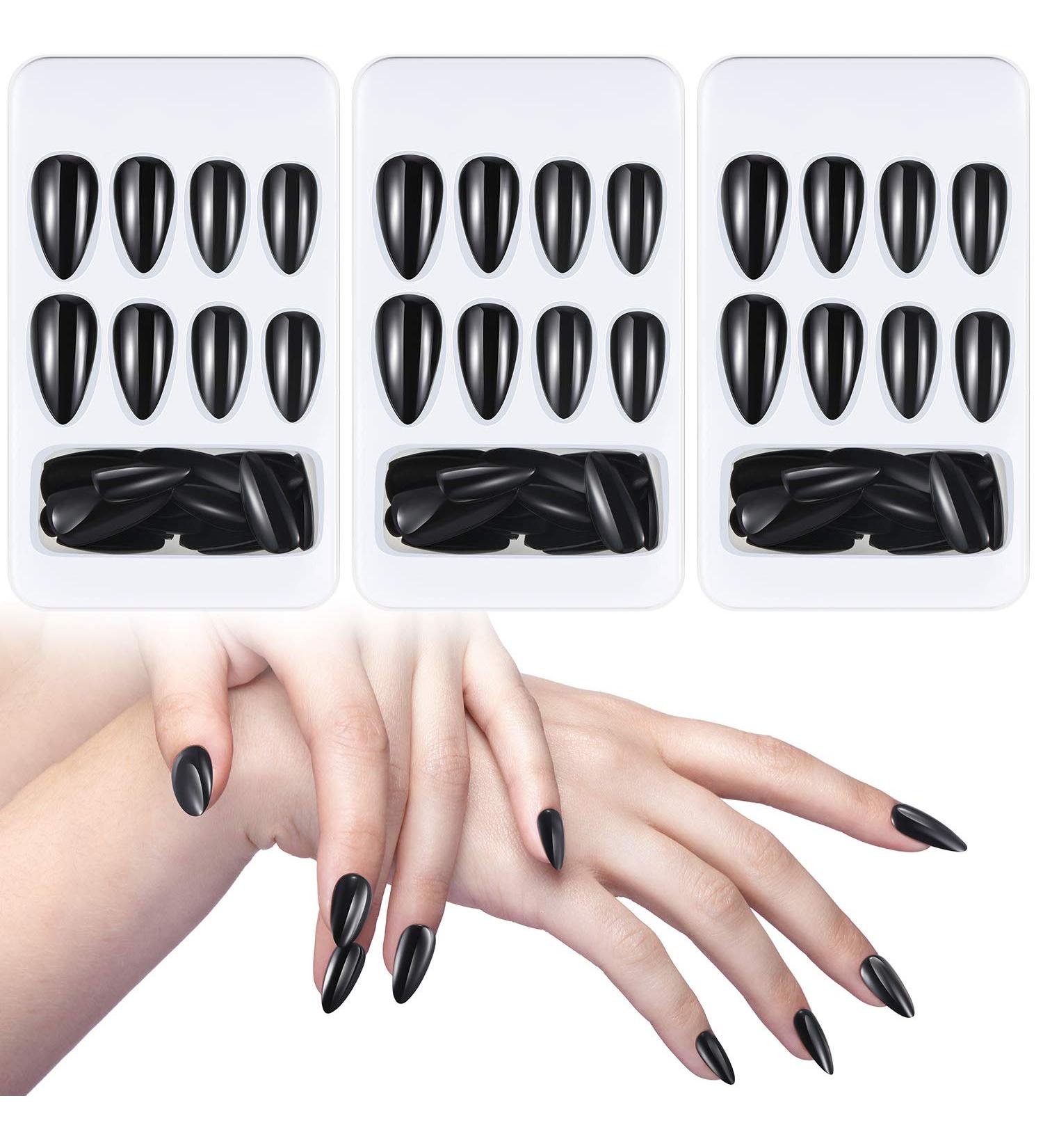 84 Piece Black Glossy Stiletto False Nail Tips Kit - Long Full Cover Fingernails for Salon & DIY Nail Art - Includes Files Sticks - 12 Sizes for Women and Girls - Buy Online on GoSupps.com