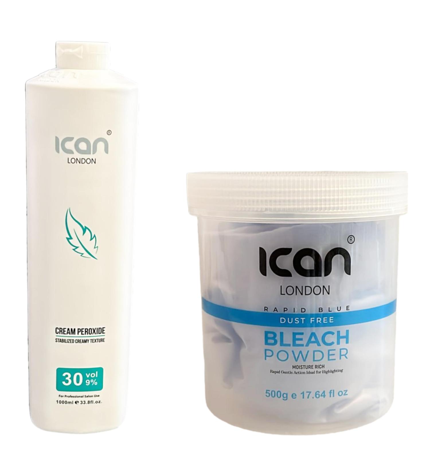 ICAN LONDON PROFESSIONAL CREAM PEROXIDE 30 VOL 9% 1000 ML + RAPID BLUE POWDER BLEACH (JAR) 500 G SET - Buy Online on GoSupps.com